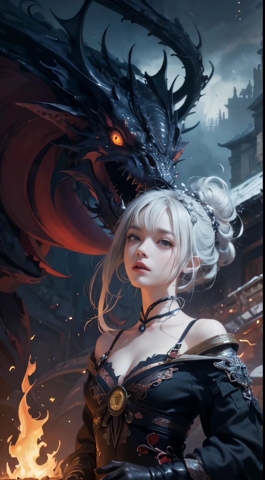 1girll、Dragon、Red eyes、Sharp eye light、Student uniform、ssmile、White hair、Dragon wings、Dragon's horn、Dragon's tail,1girll、Dragon、Red eyes、Sharp eye light、Student uniform、ssmile、White hair、Dragon wings、Dragon's horn、Dragon's tail,