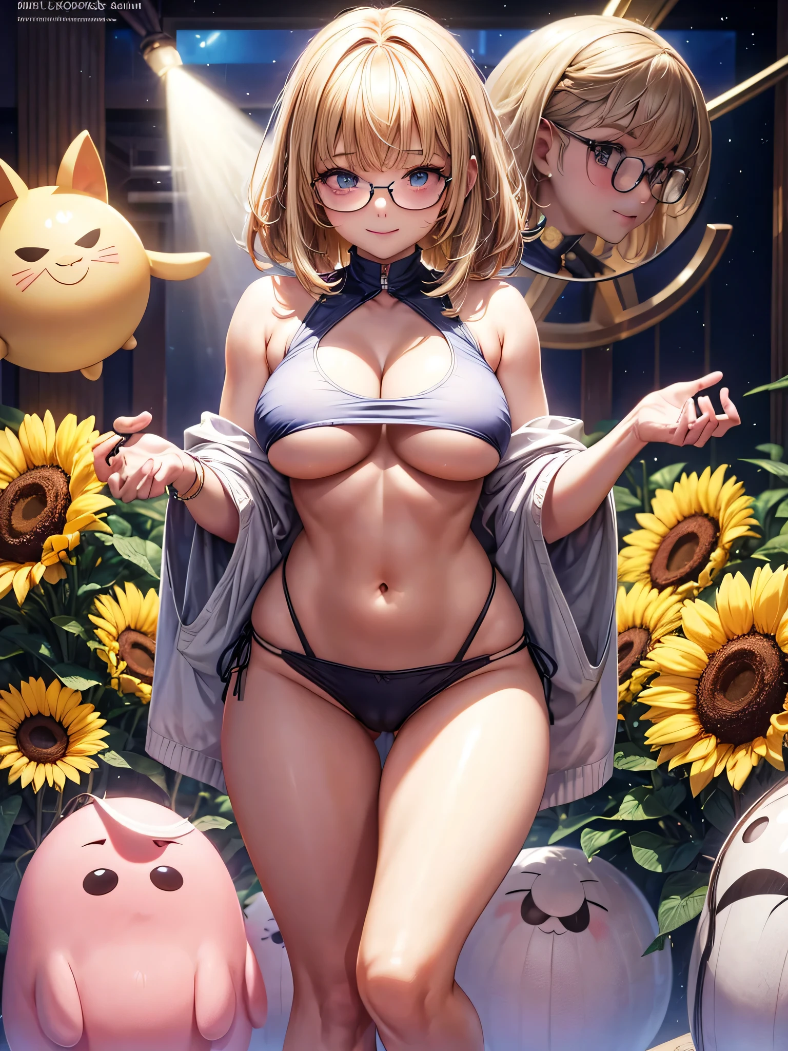 1 girl, bangs,  body,  girl, crop top, blonde hairstyles, cleavage, mouth, round breasts, ass facing viewer, back on screen, smiling, tight, Ultra -HD | |, 4k image, glasses, character near the camera, micro biquini 1.6 , pose tearing off her panties, Position of four, standing leaning forward, uncensored, nsfw