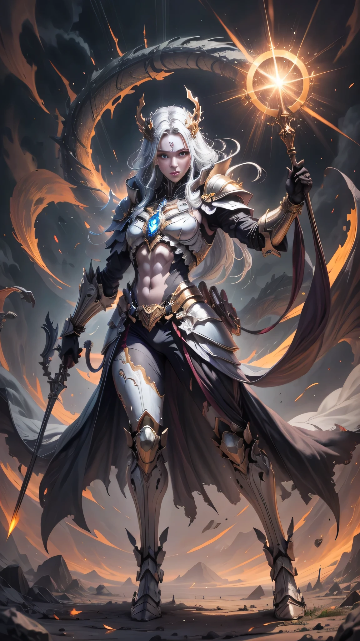 1 demon, emperor of darkness, detailed eyes, detailed face, detailed skin, mature body, tall body, seductive body, whole body, desert BREAK and pyramid bottoms, holding only a holy sun scepter, phoenix dragon in the sky, highly saturating sun rays, holy ceremony, angelic halo, dazzling golden and orange spark around, sacred magic circle, golden crown, golden majestic lightning, best quality, masterpiece, trend in art station, BREAK, detailed, realistic, highly detailed digital art 8k, octane rendering, bioluminescent, concept art resolution BREAK 8K, realism, by studios Mappa, masterpiece, best quality, official art, illustration, ligne claire, (cool_color), perfect composition, absurdists, fantasy, focused, full body in attack pose, night sky with clouds, full moon, 8k,