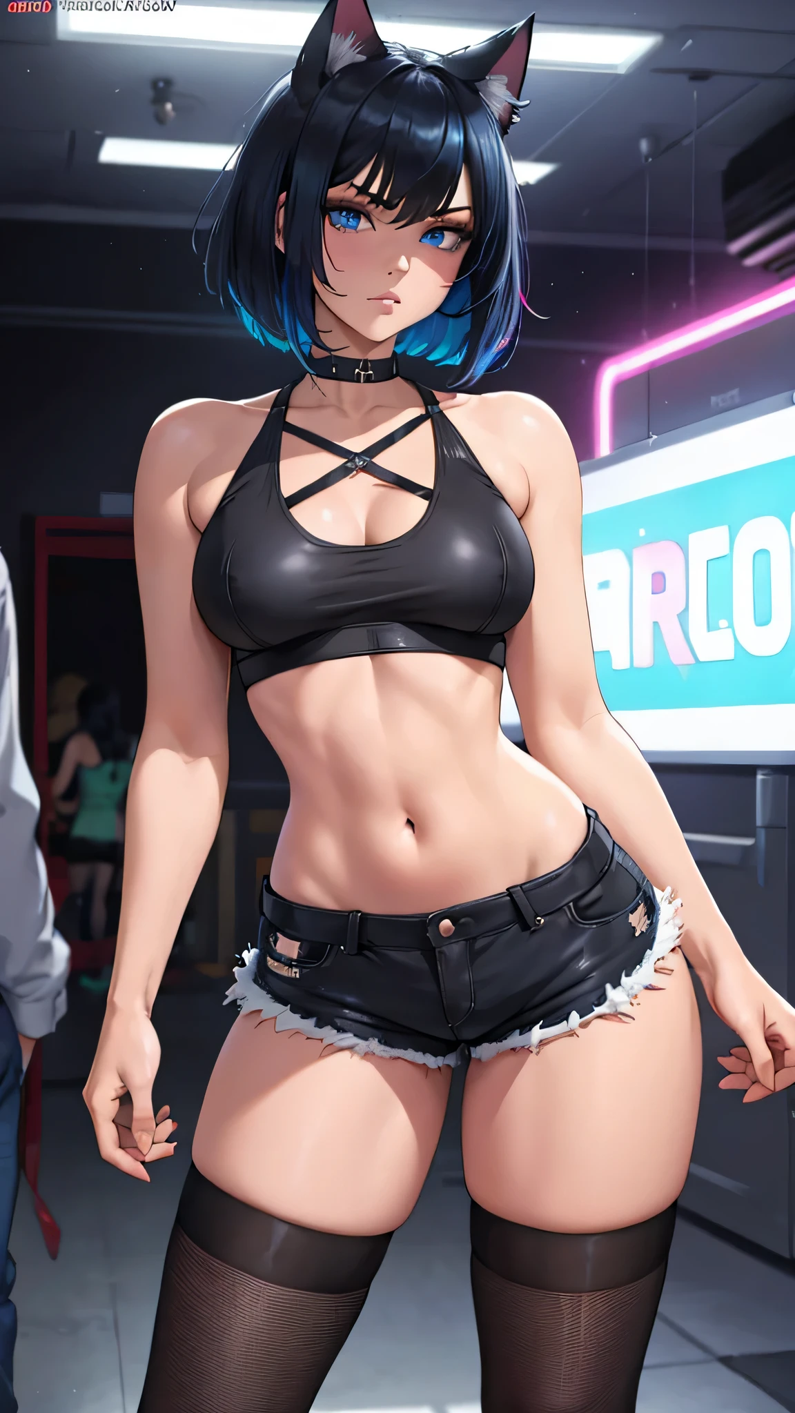 1girl, full body, black hair, short hair, thighhighs, blue hair accents and highlights, cat ears, blue eyes, short shorts, expose stomach, navel, thighs, medium breasts, intricately detailed crop top, crop top, high quality, best quality, masterpiece, indoors, rave, glow sticks, party, neon lights