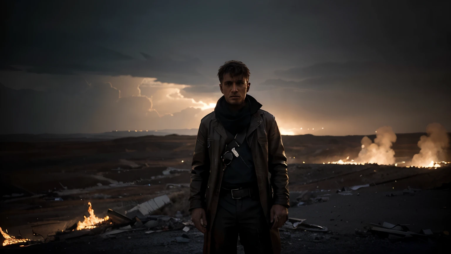 Generate a high-resolution image with advanced details and cinematic style, portraying a man immersed in the solitude and turmoil of war. The man should be depicted in a desolate setting, perhaps a war-torn landscape or a barren battlefield, surrounded by remnants of conflict like crumbling buildings or scorched earth. His posture should convey a sense of weariness and isolation, with subtle hints of determination amidst the chaos. Use lighting and shadows to enhance the dramatic atmosphere, with streaks of light piercing through smoke and debris, symbolizing hope amidst despair. Incorporate intricate details to capture the ruggedness of the terrain and the emotional depth of the man's experience. The overall mood of the image should be one of profound loneliness and the harsh realities of war, evoking a sense of empathy and contemplation.