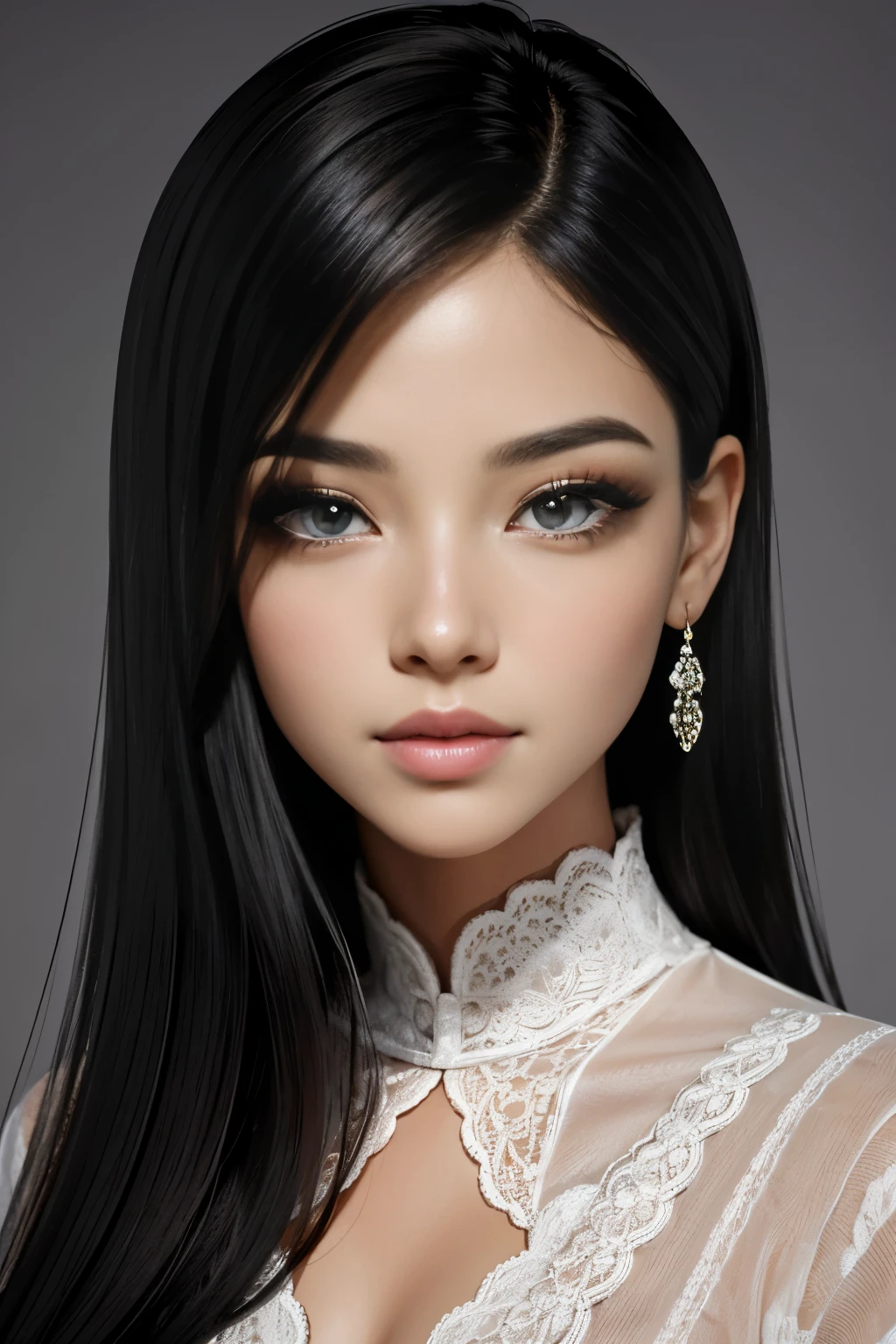 Amber, Invincible, lindos olhos detalhados, beautiful detailed lips,olhos e rosto extremamente detalhados, long eyelashes, 3D rendering, high resolution, ultradetalhado, realista, fotorrealista:1.37,cores vivas, retratos, fluttering black hair, postura elegante, fundo ardente, sharp focus, studio lighting.