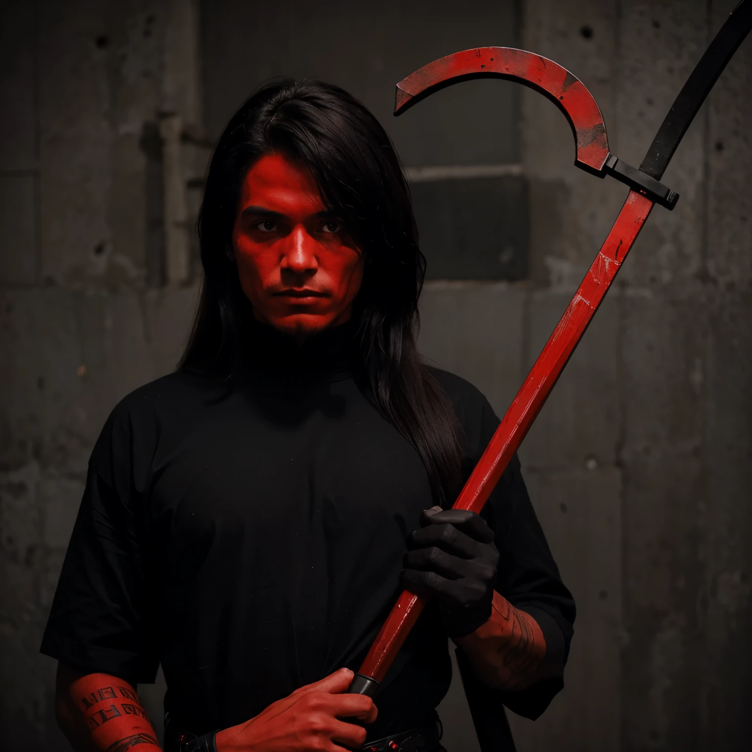Un demonio con cuernos rojos y pelo negro, He dresses in black and red with a scythe in his hand