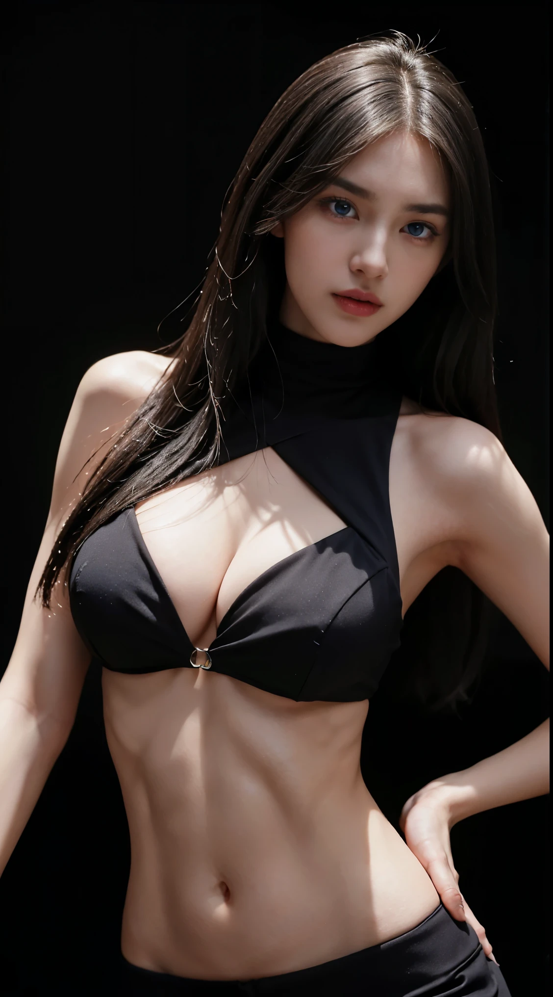 8K, Top Quality, Intricate Details, Ultra Detail, Ultra High Resolution, Masterpiece, close up shot, Slender,, (()), (Makeup: 0.4), (Fluffy Blue Eyes: 1.21), , looking at viewer, (()), 1girl, solo, 1 girl, (( )), , , ((tall)), (((fit body))), (((slim face))), sharp face , smile, (( black hair, long hair )) , (detailed face), sharp face, small lips, standing, , show belly ,, hand on hip , ((,ninja outfits , )), sleeveless, ((detail belly )), detail fingers, detail hands, detailed face, detailed breast, huge breast, Narrow Waist, Skinny, 175 cm tall , Muscular, Navel, Exposed Abdomen, Pointed Ches , large breast, , , Beautiful girl with accentuated slender abs: 1.4, Six Pack Abs: 1.4, Bust Botox,, Perfect Body, (( dark background)), black background,