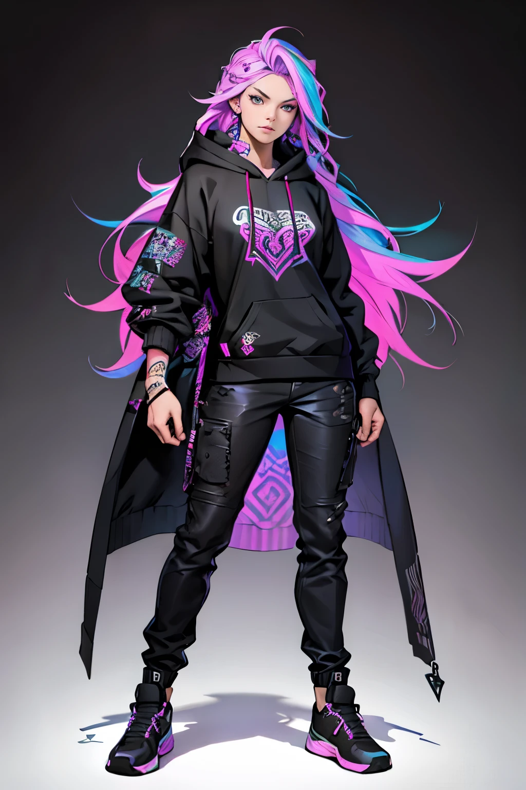 1 girl, kaisa league of legends, wavy hair, rainbow hair, teenager,  hyper realistic hands, detailed hyper realistic eyes, hoodie, pants, black clothing, light background, full body, long hair, teenager, tribal tattoo, colorful parts, sketchbook, hand drawn hand, symbols, dark , bold, realistic sketch, sketch, mixing dark lines and loose lines, bold lines, on paper, turn on character sheet, human woman, grey eyes, full body, imposing pose, lots of details, stylish outfit, symbols, runes , dark theme , black shirt, beautiful, pretty, modest