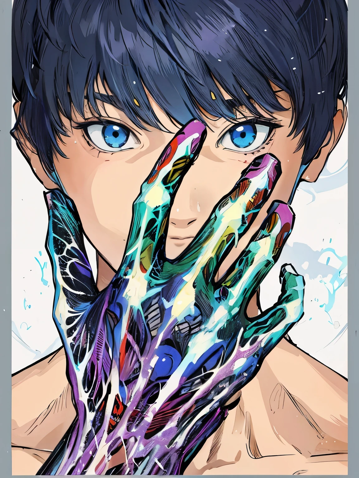 anime boy with blue eyes and hands painted with colorful paint, full color manga visual style, colored manga art, psychedelic manga, colored manga, anime style hyper detailed, anime character; full body art, digital manga art, inspired by Yuumei, high quality colored sketch, mob psycho 100, colored sketch anime manga panel, digital anime illustration, thick black drawing outlines, thick outlines