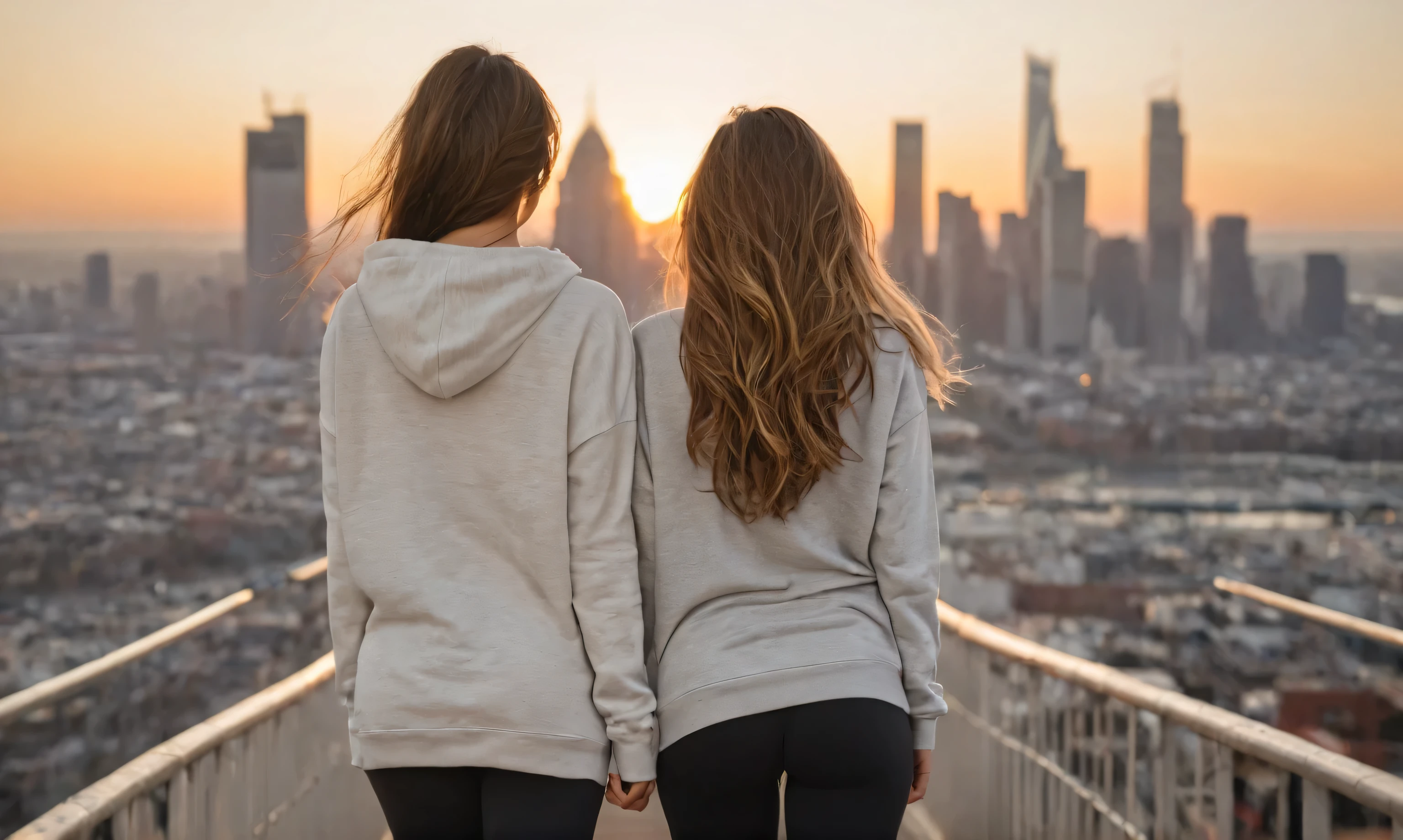 (4K, best quality, masterpiece), (realistic, realistic) close-up [photo|digital art], two beautiful woman from the back, casual shirt, long hoodies, leggings standing in front of a city skyline, sunrise, messy medium hair, slim body, looking at the camera, short smile, consistent facial and body proportions, artistic expression, aesthetic design, intricate composition, refined body details, color gradient, clear shades, intense shadows, sharp focus, extensive details, high resolution, subtle lighting and highlights, fine textures, two people from back, arms over shoulder, friendship.