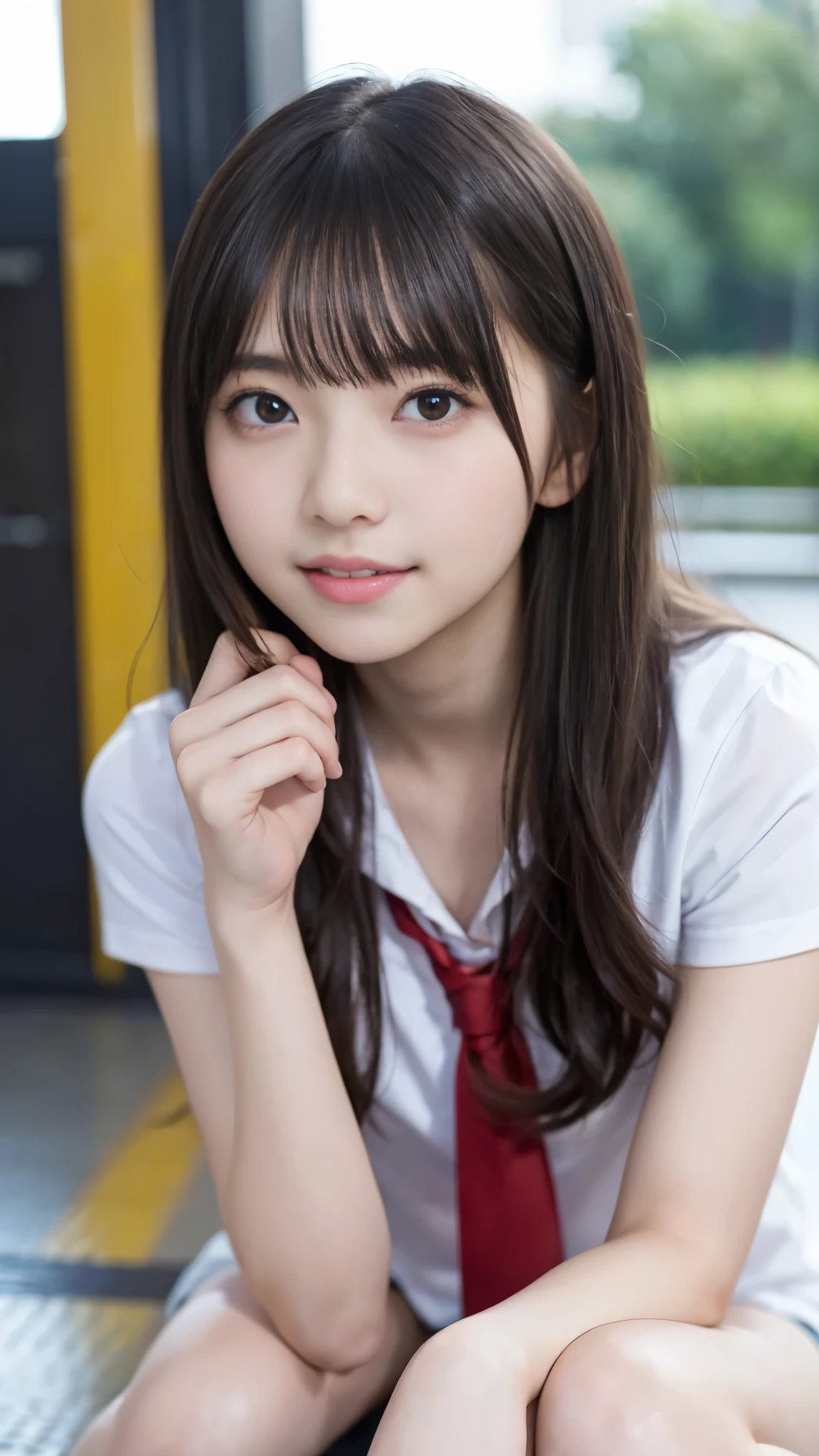 (masterpiece, highest quality:1.2), 8K, 12才のfull nudeの女の子, 85mm,Official AR RAW photo, スーパースリムなスレンダーbeautiful girl、上Half bodyfull nude、show me your ears、naked girl photo shoot、full nude, cute face, close, Half body, biolace, gardenia, beautiful girl, , thighs, short sleeve, sit on all fours on the station platform, looking at the viewer, no makeup, (big smile), film grain, chromatic aberration, sharp focus, face light, clear lighting, Ten generations, detailed face, background bokeh, (dark red tie:1.1)、((((((12 year old girl))))))、((((((12才のfull nude女子高生)))))、thin waist