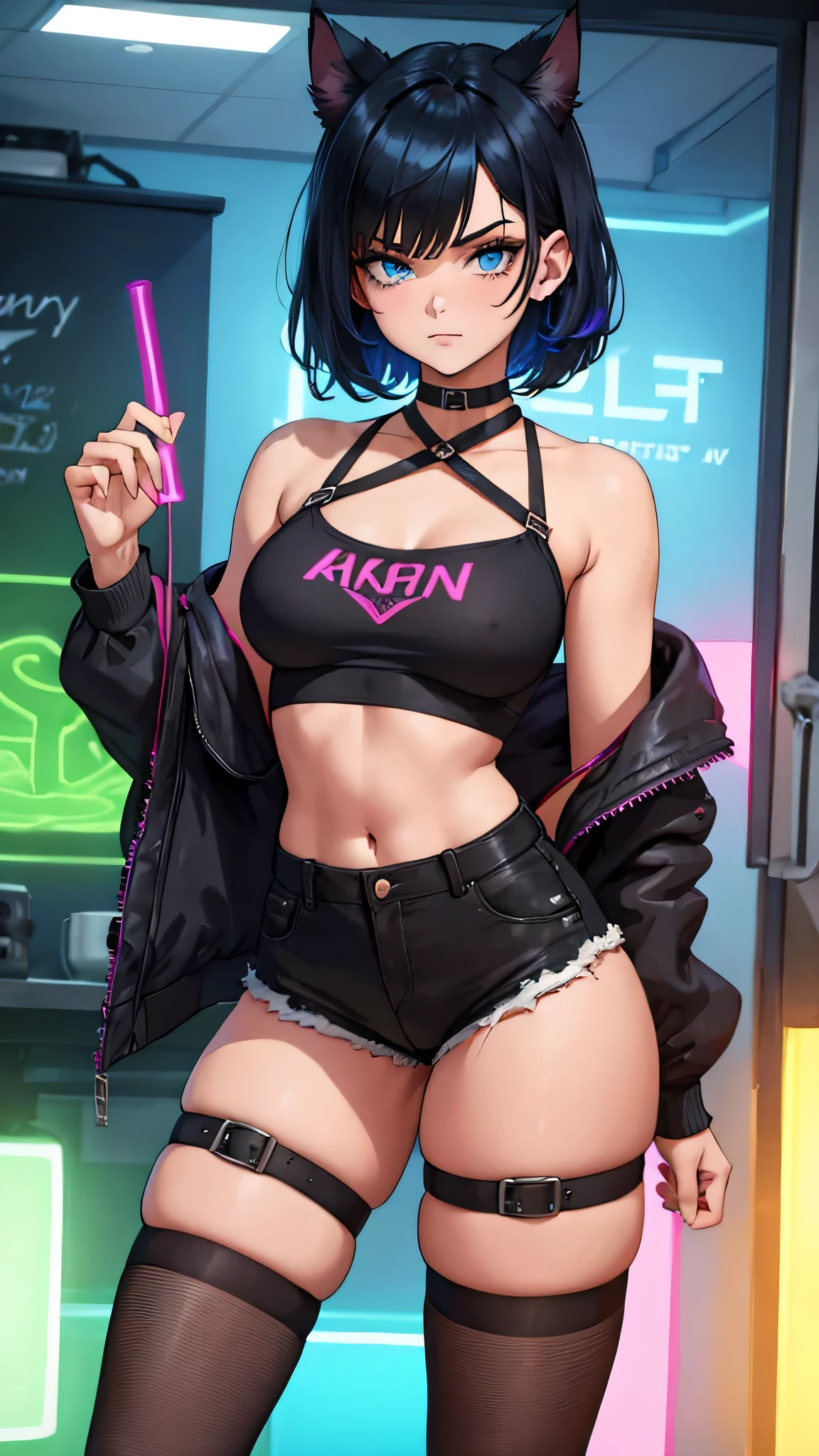 1girl, full body, black hair, short hair, thighhighs, blue hair accents and highlights, cat ears, blue eyes, short shorts, choker, collar, emission design, expose stomach, navel, thighs, medium breasts, intricately detailed crop top, crop top, high quality, best quality, masterpiece, indoors, rave, glow sticks, party, neon lights