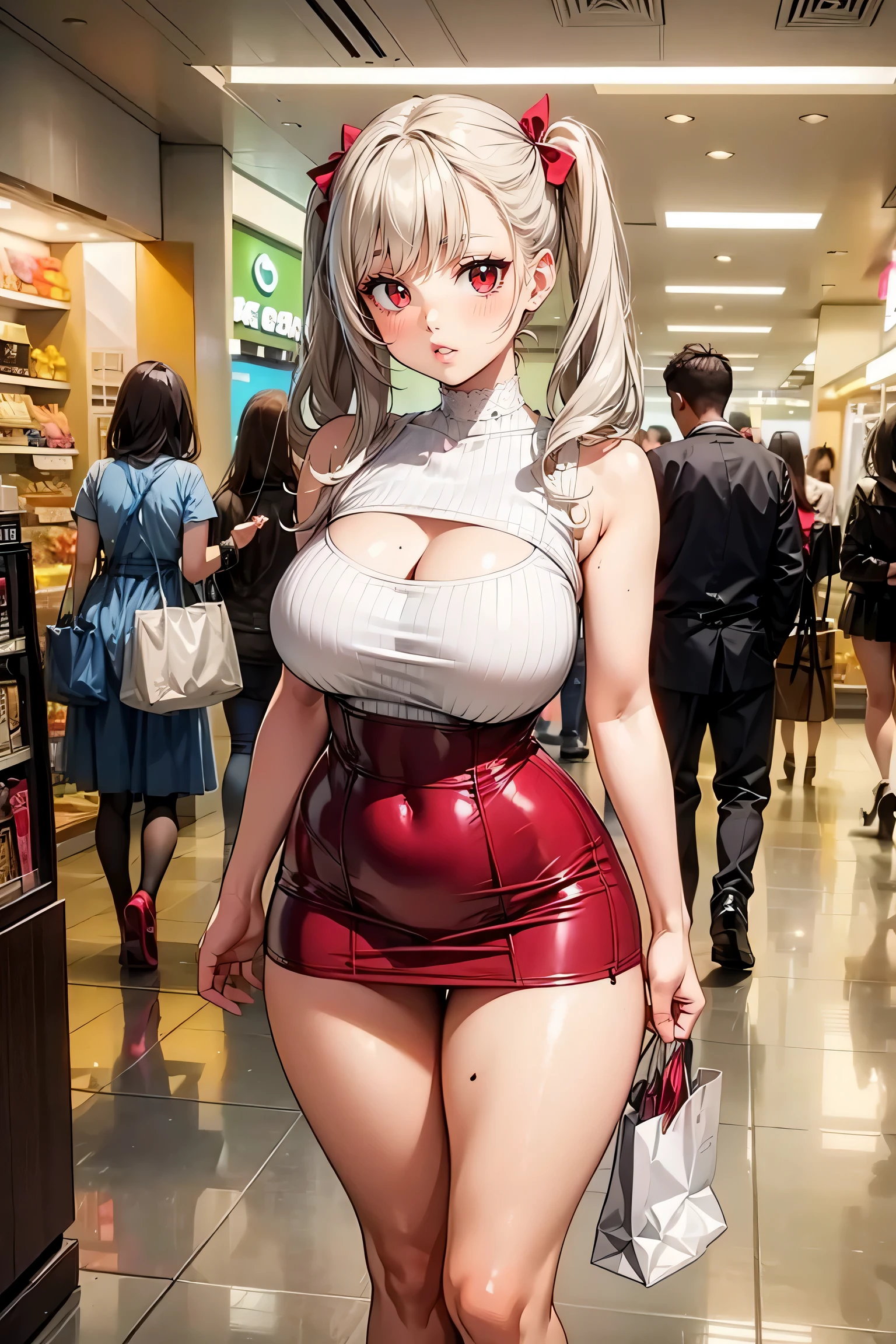 (1girl), red eyes, mature, mole onder eye,white hair, pigtails, long hair,, x ornament, big lips, pretty lips, ((gyaru)), gyaru hairstyle,good hips and long legs, hourglass shape, pretty face with arms and legs, 2 4 year old female model, sporty, photo of slim girl model,shopping mall, microskirt,