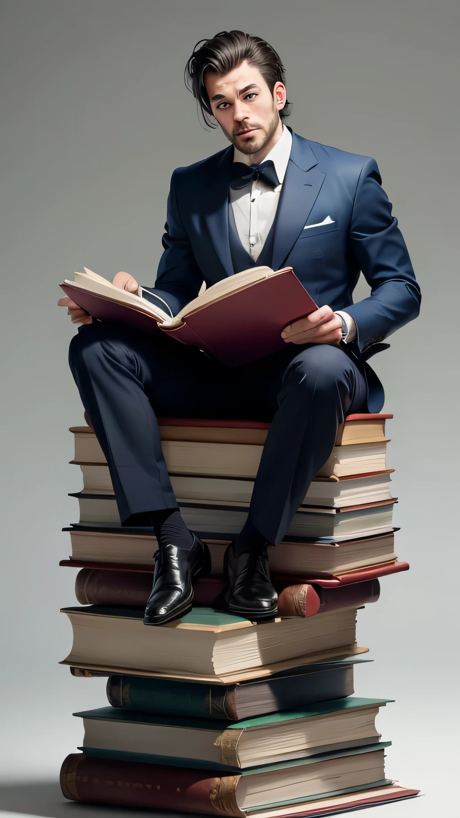 A man on top of a pile of books
