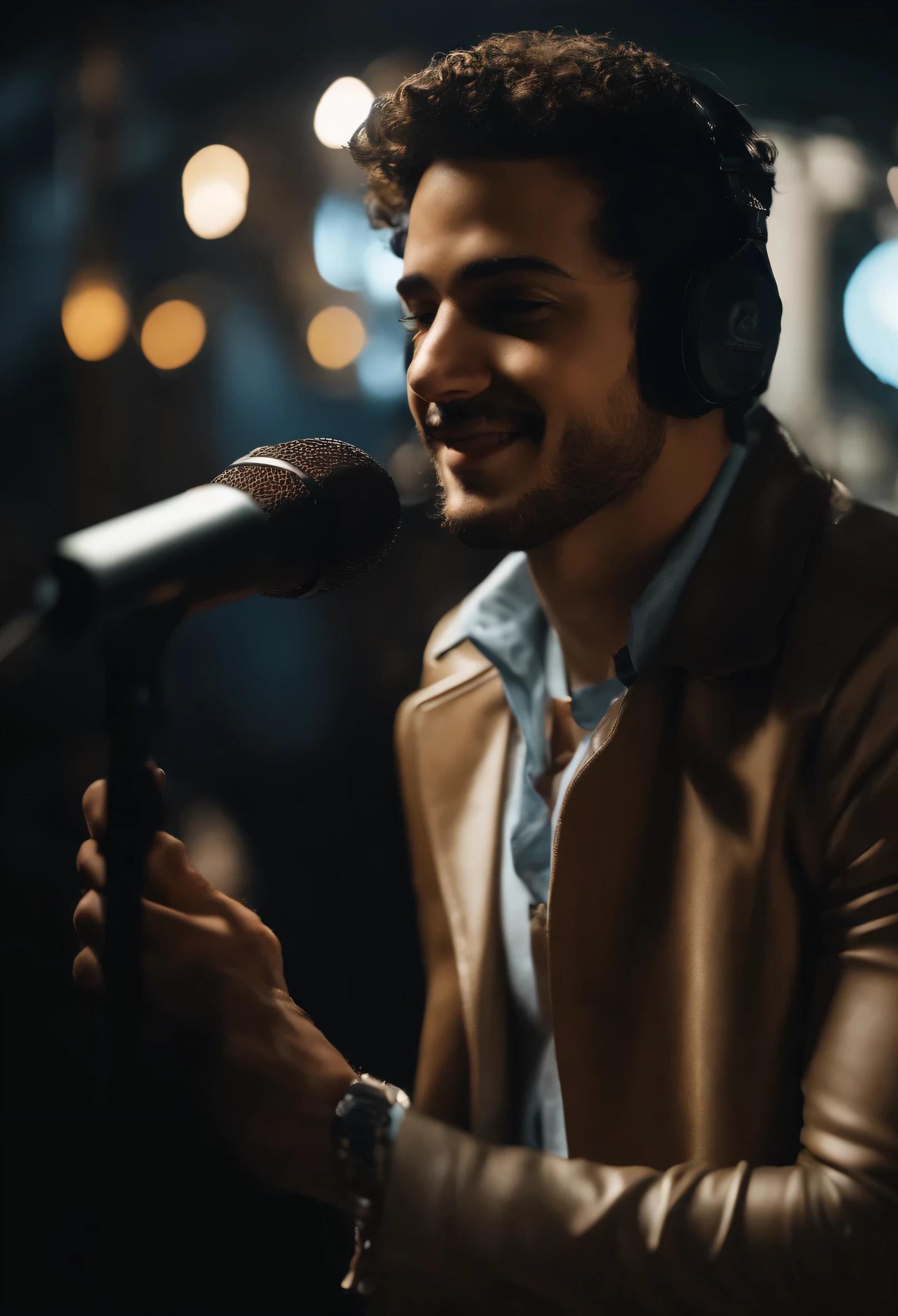 cantor jovem e bonito, cantor Luan Santana,corpo inteiro, microphone in hand, roupas estilosas (ultra realista), sorriso bonito, fundo escuro brilhante com multidoes de pessoas , Ultra hd , fotorrealista, atmosfera encantada, vivid contrast between light and dark