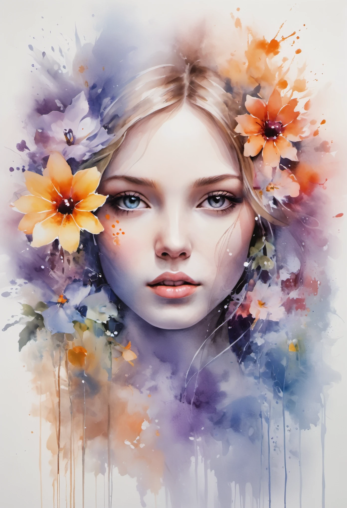 Create a memorable and artistic scene on canvas., depicting the transformation of beauty, innocent face in a mesmerizing composition of watercolor flowers, intertwined with wisps of ethereal mist.. Start with a serene face in the center of the canvas., with delicate features, radiating innocence and charm. Gradually transform facial contours and features into a captivating blend of fluid watercolor strokes., carefully shaping an array of vibrant flowers with intricate petal detail. Give your canvas a fabulous quality, as floral elements smoothly merge with wisps of fog or smoke., creating a surreal and enchanting atmosphere. Use canvas as a medium, to capture artistic transformation., portraying the Beauty of the evolving composition as the innocent face gracefully dissolves into a harmonious tapestry of watercolor blooms and mystical mist. Use canvas texture and artistic elements, to enhance the charm of this memorable metamorphosis., evoking emotions of surprise, Beauty, and artistic expression