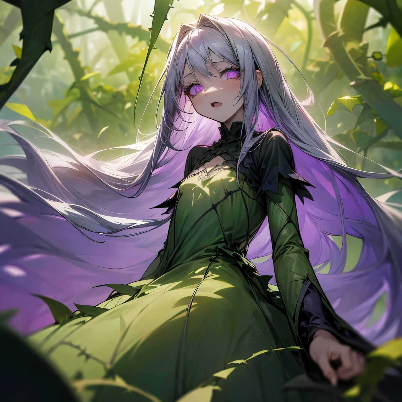 ((Masterpiece)), (Anime:1.5), ((best quality)), (RAW photo:1.2), (High Definition:1.3), (Professional Photography:1.2), (glowing light), 1girl, (violet eyes:1.2), silver hair, very long hair, (wariza:1.2), pale skin, BREAK, open mouth, smug, (flat chest), (vines dress:1.4), (dress made of vines:1.2), BREAK, ((best quality)), (surrounded by vines:1.4), (despair:1.3), gothic, (dark yellow vines:1.3), leaves, (vines tree), violet, heavy Monochrome, (depth of field:1.4),