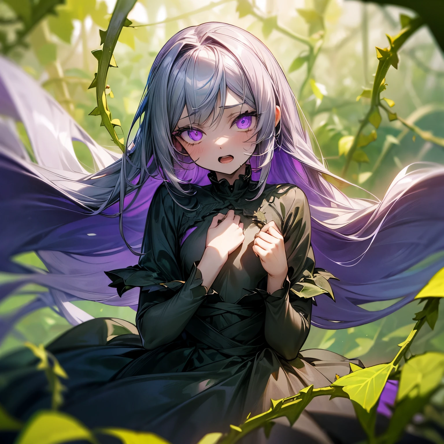 ((Masterpiece)), (Anime:1.5), ((best quality)), (RAW photo:1.2), (High Definition:1.3), (Professional Photography:1.2), (glowing light), 1girl, (violet eyes:1.2), silver hair, very long hair, (wariza:1.2), pale skin, BREAK, open mouth, smug, (flat chest), (vines dress:1.4), (dress made of vines:1.2), BREAK, ((best quality)), (surrounded by vines:1.4), (despair:1.3), gothic, (dark yellow vines:1.3), leaves, (vines tree), violet, heavy Monochrome, (depth of field:1.4),