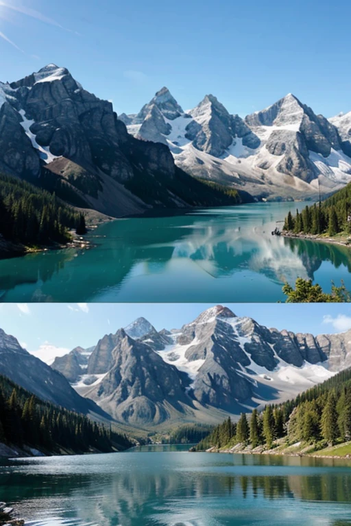 Un magnifique paysage de montagne avec un lac turquoise au lever du soleil.