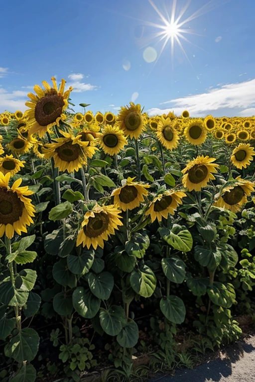 Un champ de tournesols ondulant au vent sous un ciel bleu profond