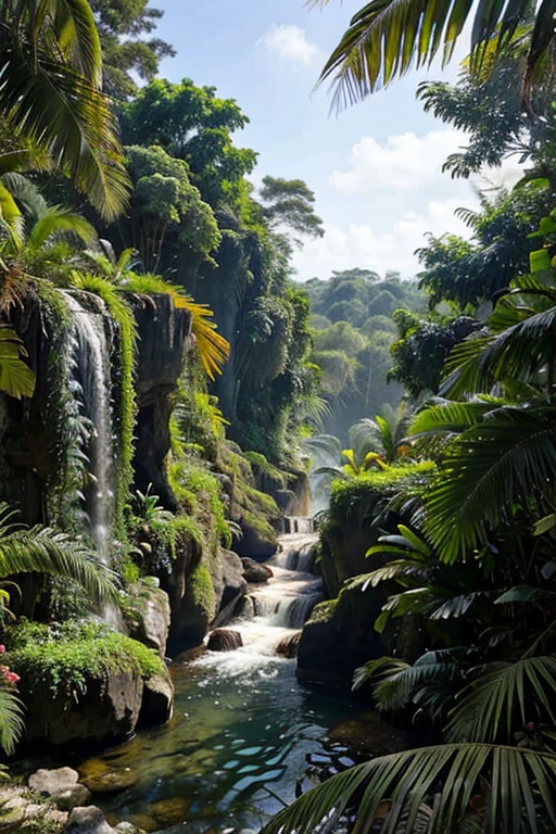 Une forêt tropicale dense avec des cascades et des oiseaux exotiques.