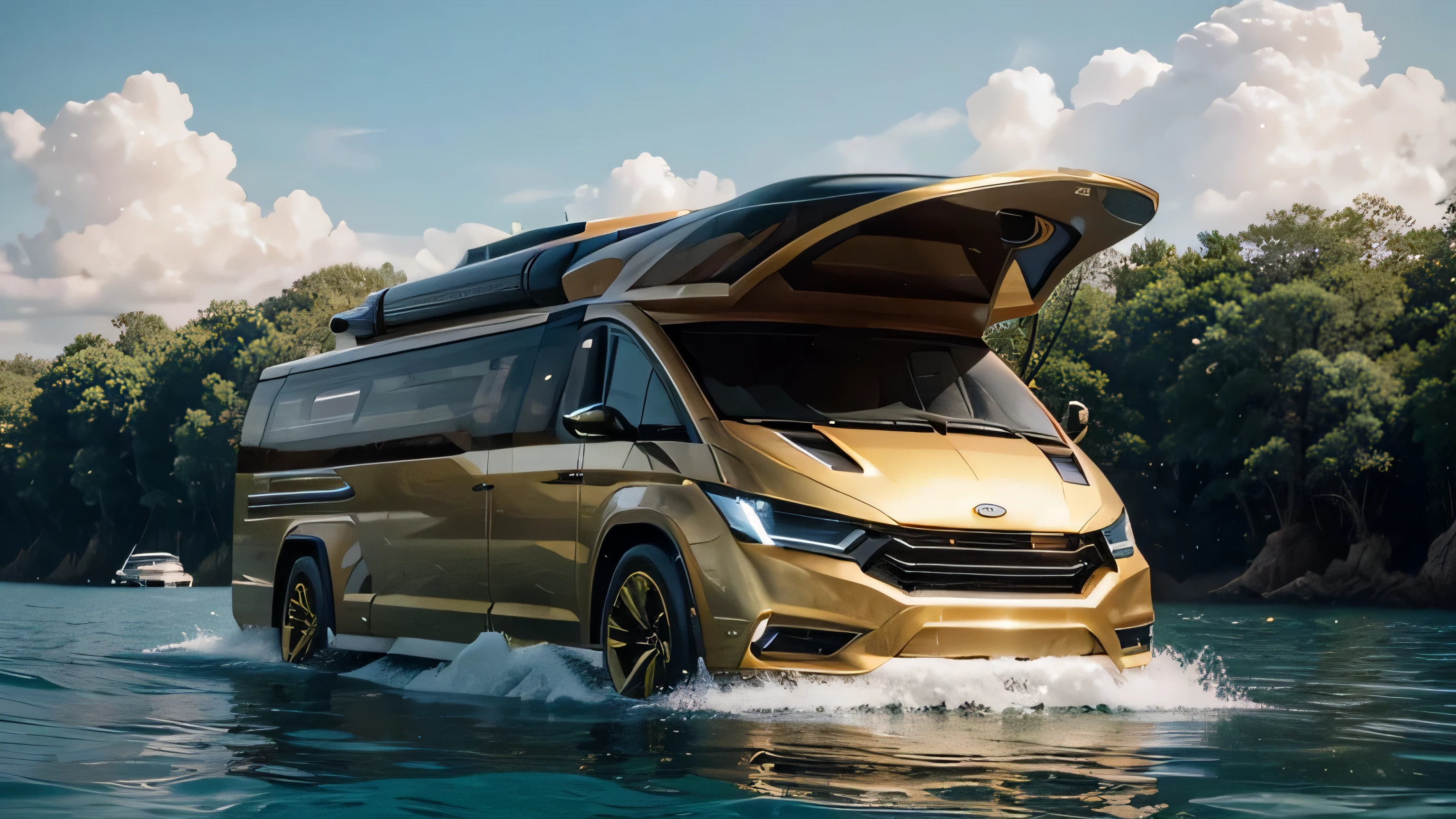 a close up of a golden Motor Home riving through the water, 2023, 2 0 2 3, very futuristic, concept Motor Home, majestic and futuristic, 2 0 2 2, 2022, by Gabriel Ba, new design, new vehicle, atlantean, trailer, stunning high tech, an iron man concept Motor Home