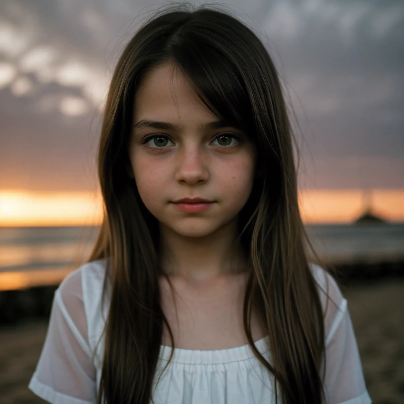 solo Girl 9 year old , green eyes, long hair, in the mansion's beach. low light, high definition