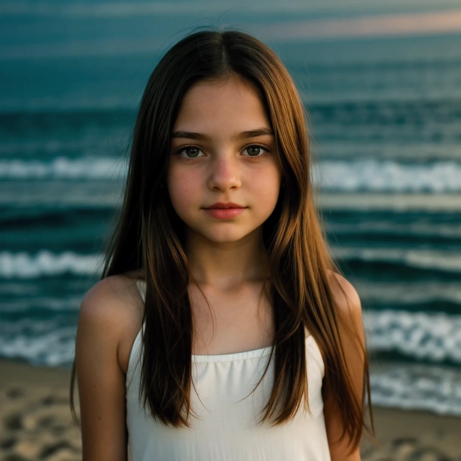 solo Girl 9 year old , green eyes, long hair, in the mansion's beach. low light, high definition