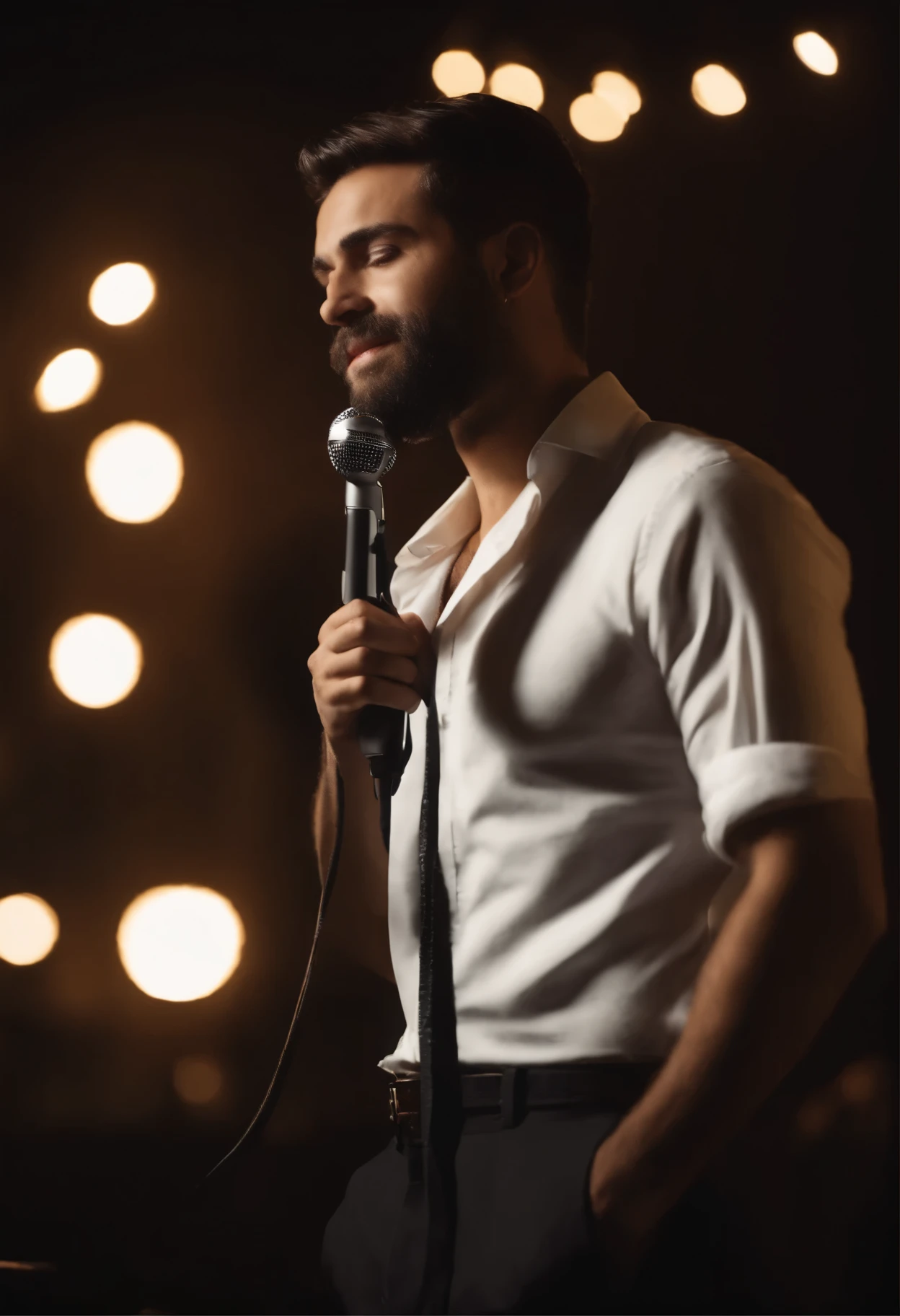 jovem e bonito cantando (cantor) , corpo inteiro, microphone in hand, roupas estilosas (ultra realista), sorriso bonito, fundo escuro brilhante com multidoes de pessoas , Ultra hd , fotorrealista, atmosfera encantada,