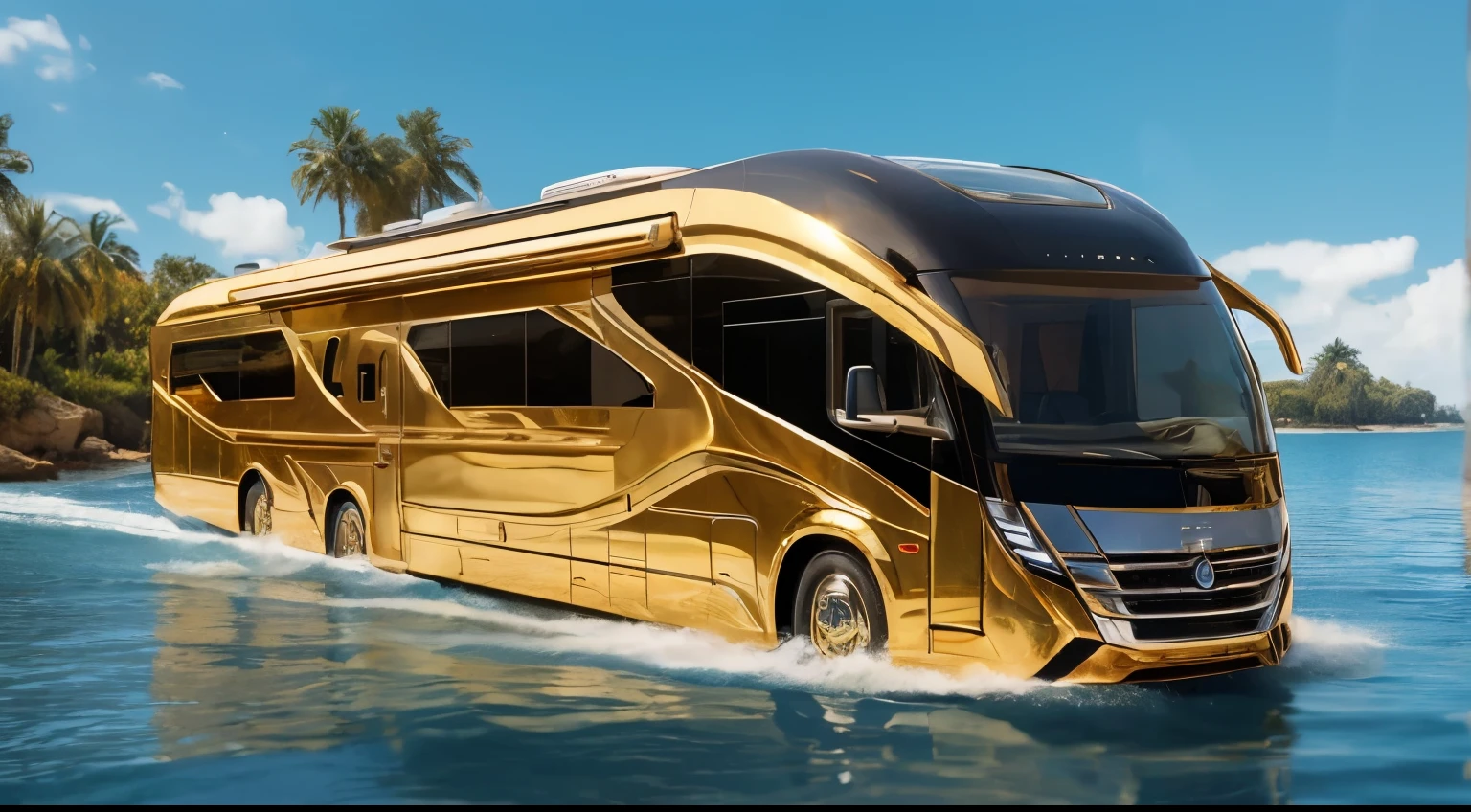 a close up of a golden Motor Home riving through the water, 2023, 2 0 2 3, very futuristic, concept Motor Home, majestic and futuristic, 2 0 2 2, 2022, by Gabriel Ba, new design, new vehicle, atlantean, trailer, stunning high tech, an iron man concept Motor Home