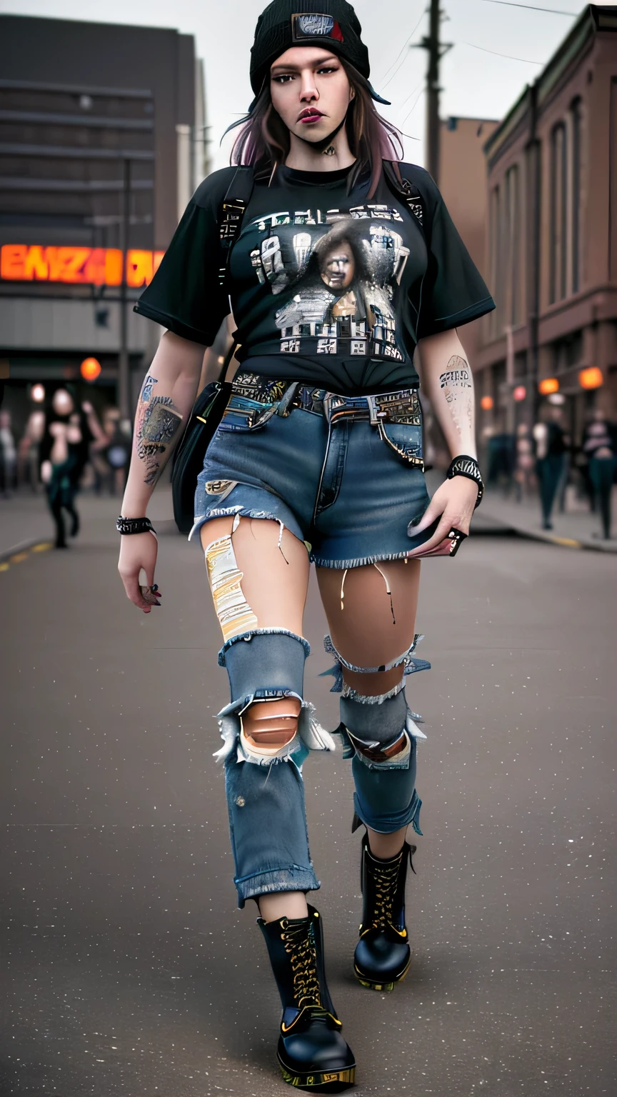 (best quality,highres,masterpiece:1.2),ultra-detailed,(realistic,photorealistic,photo-realistic:1.37),Seattle's grunge aesthetic model,embracing,ripped jeans,band tee,plaid shirt tied around waist,Doc Martens,beanie,edgy fashion scene,capturing,alternative fashion scene