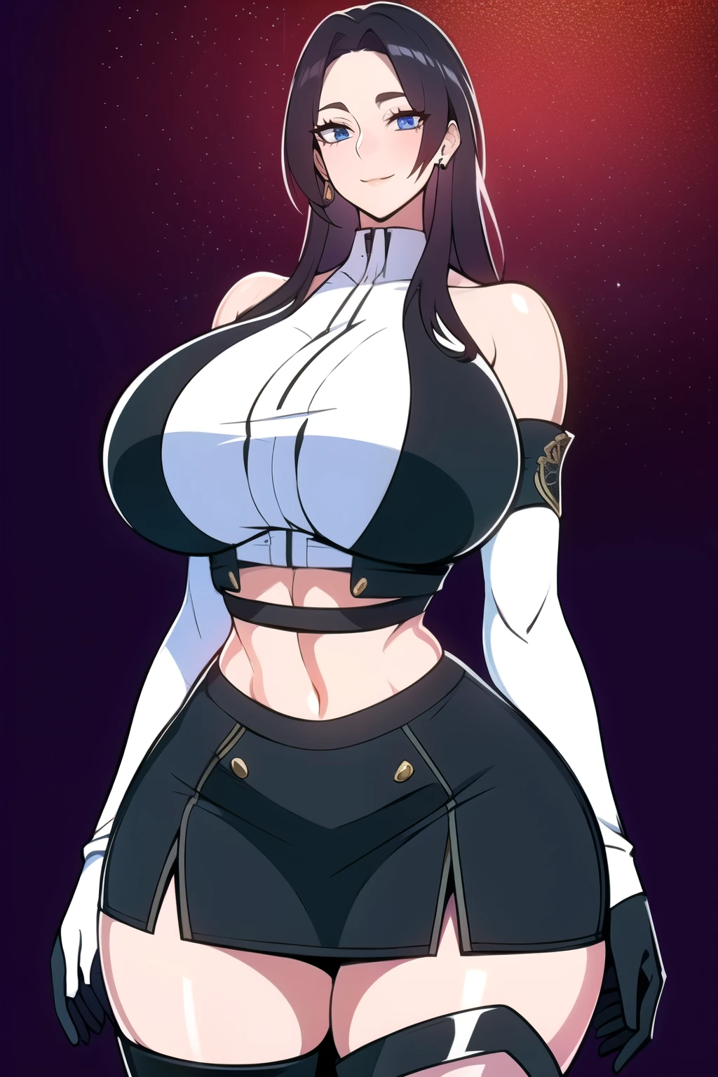 ultra realistic 8k cg, masterpiece, ((ultra detailed background, intricate detail, highly detailed, fine details best quality, hyperdetailed face)), gigantic ,beautiful lighting, absurdres, BoaHancockV2, 1girl, solo, black hair, long hair, jewelry, closed mouth, ), ((black crop top : 1.1), (underboob : 1.1), elbow gloves, thigh boots, split skirt, bare shoulders, curvy, midriff, curvy, thighs, shiny clothes), blue eyes, complex detailed background, inside, luxury palace), ((cowboy shot)), curvy, (gigantic breasts seductive smile, cowboy shot,