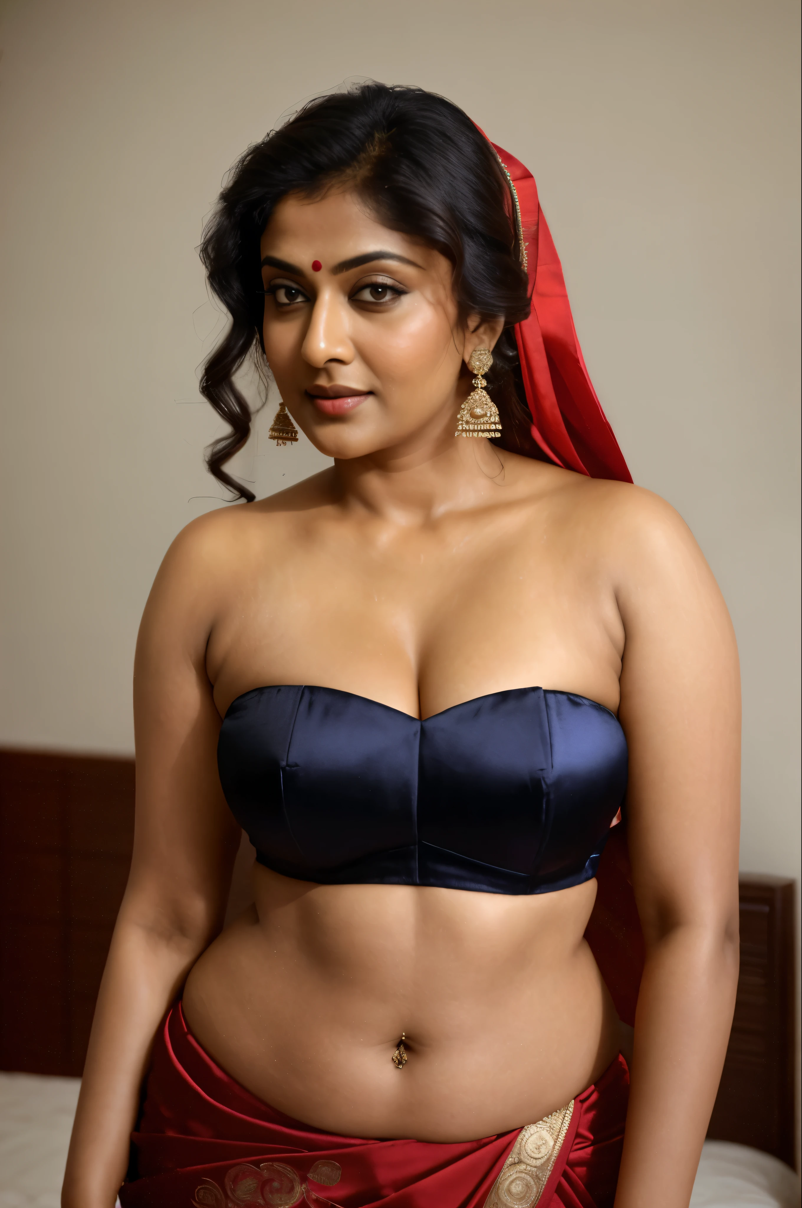 Wearing a sexy satin saree with strapless Bra, sexy Indian housewife, Looks like Indian Actress Nayanthara, actress Nayanthara, mallu, mallu aunty, desi aunty, full figured mature beauty,  sweaty skin , shining skin, sweat, attractive figure, 48 years old, desi milf, desi aunty, a close up of a woman in a red dress in a bedroom, inspired by Avigdor Arikha, sleek!!!, indian super model, wavy hair combed to one side, actress, by Jitish Kallat, smoldering, intense smoldering, fashion, an angel, print ready, with a dramatic looking, inspired by Sudip Roy, seductive look, sexy Saree queen, sexy Saree fashion, seductive Saree, party wear saree, sizzling hot Beauty, 