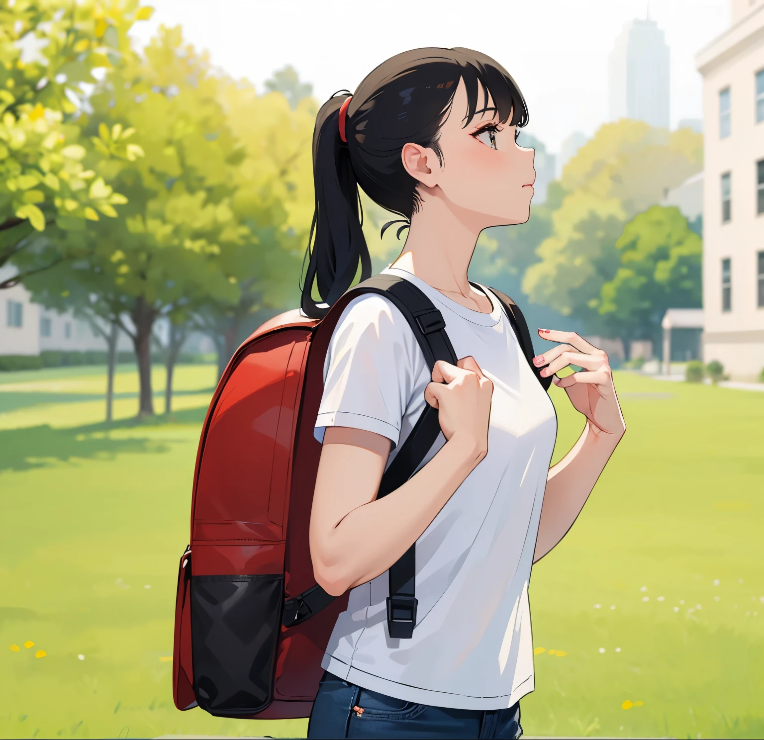 Masterpiece, hd, 1girl, 2d, ponytail, black hair, wear white t-shirt, wear denim pants, wearing red backpack, standing, outdoor