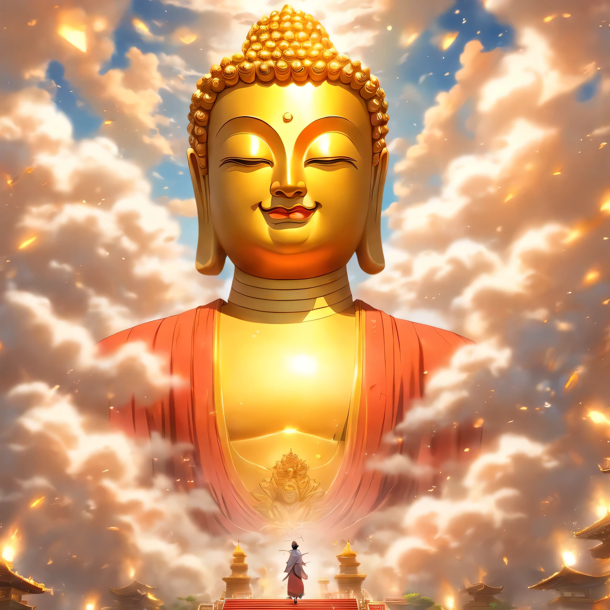 A huge golden Buddha statue soars into the clouds,pilgrims on the road,faint smile,Chinese style,in the distance, Surrealism, Stereo view, vertical painting, atmospheric perspective, Super realism, movie lighting, divine light, Super details, precise, best quality, masterpiece, 16K, high detail, high resolution, Award-winning, Super details, anatomically correct