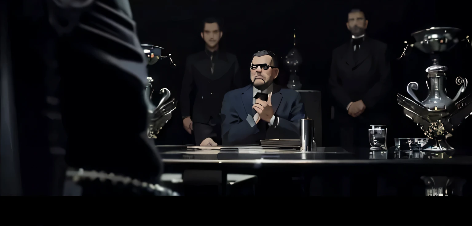 in the center of the screen，There is a man wearing a black suit、Male wearing black tie and glasses sitting behind desk，Looks like a serious negotiation or meeting。his hands on the table，Serious expression。Behind him stood two men in dark suits.，They stand on either side of men，Seems to be waiting to speak or observe the situation。The entire scene is shrouded in dark tones，Gives people a tense and formal feel。There are some Chinese text in the upper right corner of the screen：&quot;The villain thinks too much and dies，The most powerful gang negotiation in history”。hand drawn style，low saturation。