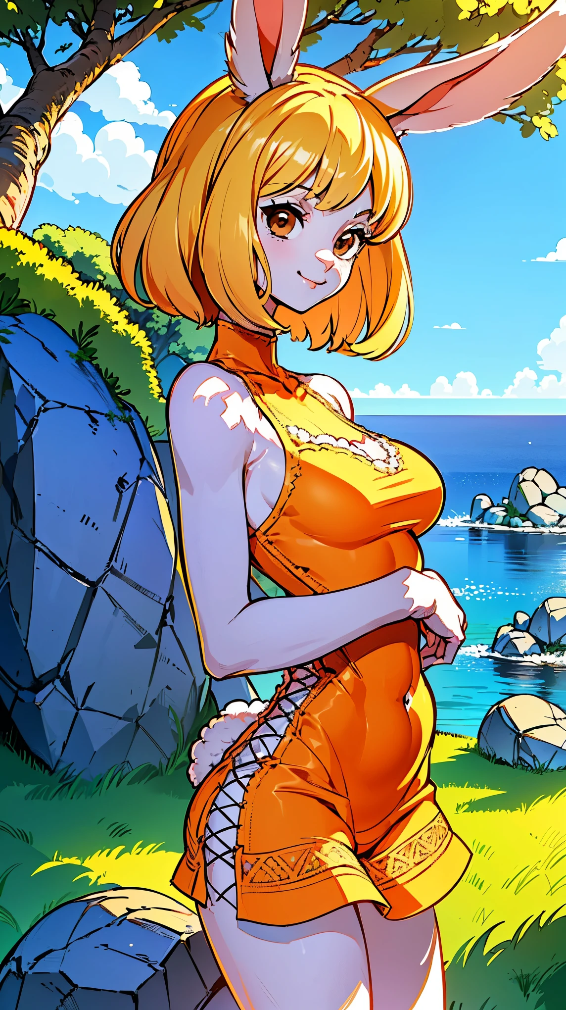 (ultra detailed background, delicate pattern, intricate detail, highly detailed, fine details), best quality,((medium breasts, slim girl,  close-up, portrait)), CarrotChan, 1girl, solo, blonde hair, animal ears, rabbit ears, rabbit girl, furry female, furry, short hair, smile, rabbit tail, (orange dress), brown eyes, ((slim girl, medium breasts, animal nose)), ((complex detailed background, blue sky, grass, trees, rocks, ocean, nature environment, cowboy shot)),  