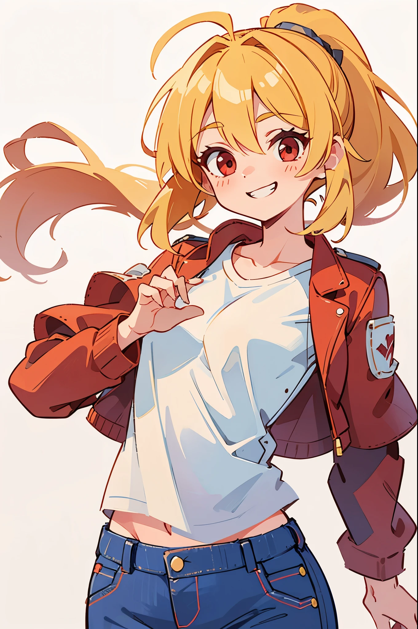  girl、blonde ponytail、Ahoge、big round red eyes、grin、small breasts、white t-shirt、red leather rider jacket、blue jeans pants、upper body close-up