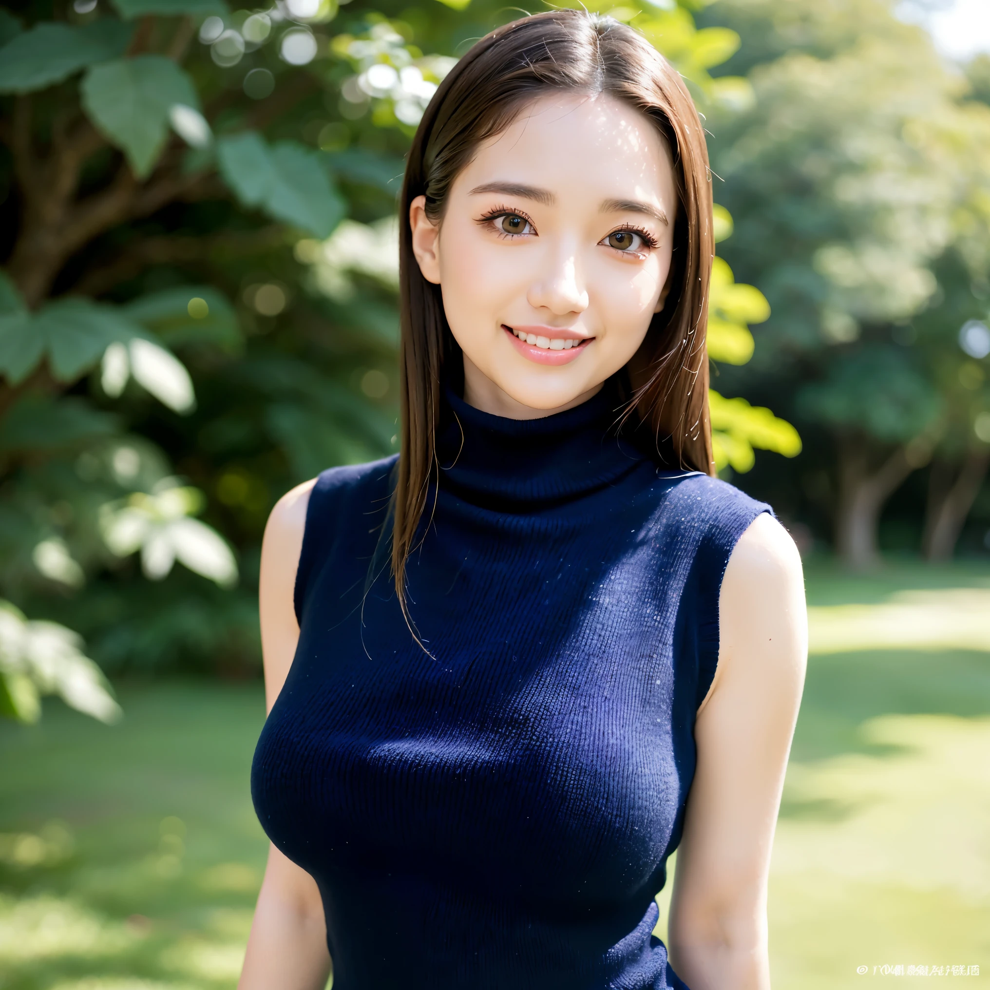 (highest quality、table top、8K、best image quality、Award-winning work)、1 girl、(Perfect navy sleeveless turtleneck knit sweater dress:1.5)、(perfect sleeveless turtleneck knit:1.3)、(Very Long Straight Hair:1.1)、Look at me with your best smile、(huge breasts:1.5)、perfectly fitted knit dress、(emphasize body line:1.2)、(glamorous body:1.2)、(Chubby body type:1.2)、(Beautiful park background with strong blur:1.1)、The most natural and perfect beauty park、A perfectly maintained normal park、stand gracefully、Refreshing scenery、natural makeup、Super high definition cute face、(Super high resolution perfect teeth:1.1)、ultra high definition hair、Super high-definition sparkling eyes、(Super high resolution glossy skin:1.1)、Super high resolution glossy lips、(accurate anatomy:1.1)、(very bright and vivid:1.2)、(Beautiful skin that shines brightly:1.3)