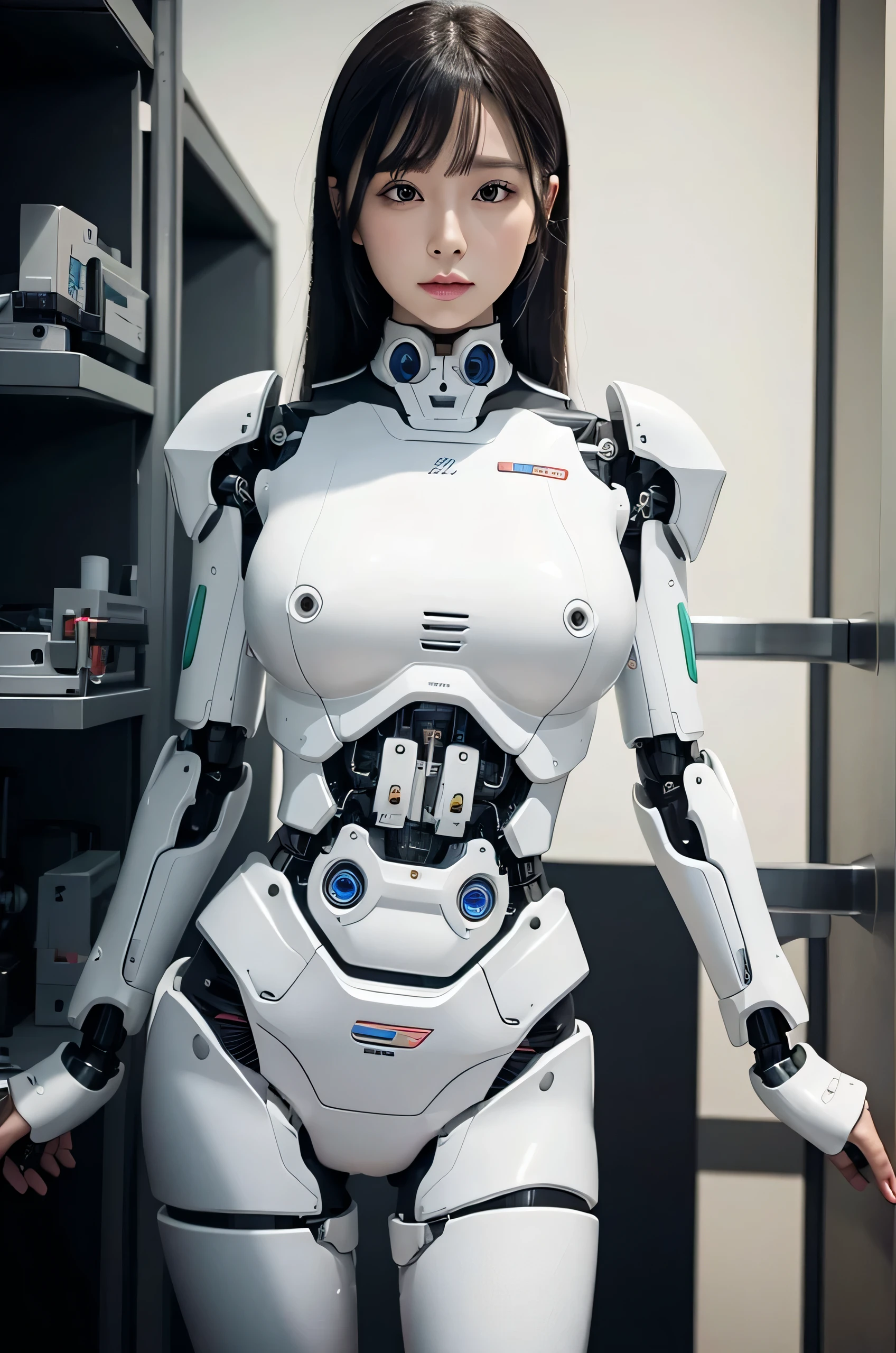 masterpiece, best quality, extremely detailed, 8k portrait, Japaese android Girl,Plump , dark black leg cover,announcer,control panels,android,Droid,Mechanical Hand, Robot arms and legs, Black Robot Parts,Black hair,Mechanical body,Blunt bangs,perfect mechanical abdomen,White robotics parts,perfect robot woman,future laboratory,cyber pank,charging spot,laboratory,long tube,thick cable connected her neck,ceramic body ,android,robot humanoid,black sponge joints,The removable cover is in the groin,The connection port is in the groin,opened chest panel,access panel on the chest,opened breast panel,mechanical breast,perfect machine body,She has repaired,assembly plant,wired body ,