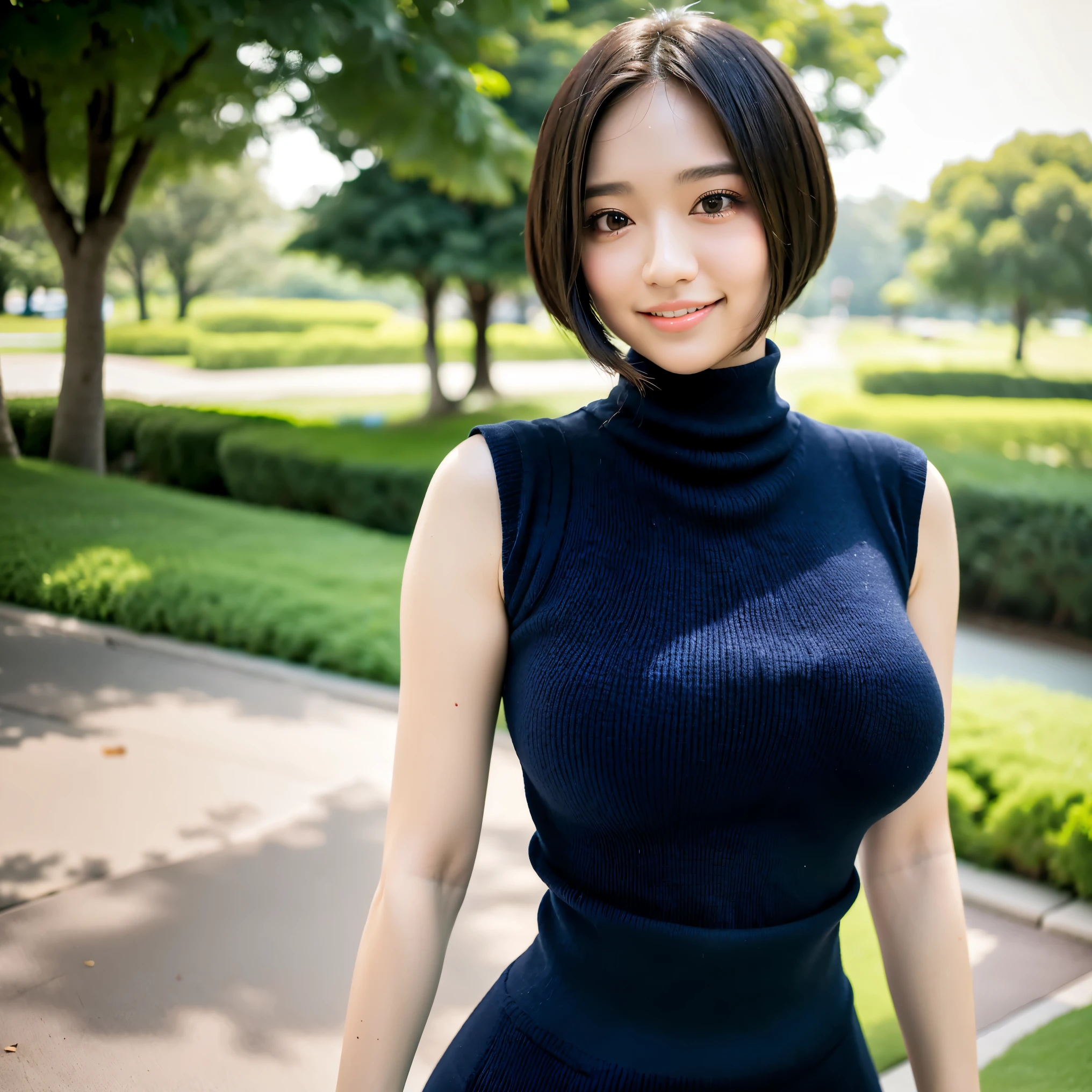 (highest quality、table top、8K、best image quality、Award-winning work)、(10 year old girl:1.)、(Perfect dark navy sleeveless turtleneck knit sweater dress:1.5)、(perfect sleeveless turtleneck knit:1.3)、(short hair:1.1)、(very young girl&#39;s face:1.1)、Look at me with your best smile、(huge breasts:1.9)、perfectly fitted knit dress、(emphasize body line:1.2)、low length、(glamorous body:1.2)、(Chubby body type:1.2)、(Beautiful park background with strong blur:1.1)、The most natural and perfect beauty park、A perfectly maintained normal park、stand gracefully、Refreshing scenery、natural makeup、Super high definition cute face、(Super high resolution perfect teeth:1.1)、ultra high definition hair、Super high-definition sparkling eyes、(Super high resolution glossy skin:1.1)、Super high resolution glossy lips、(accurate anatomy:1.1)、(very bright and vivid:1.2)、(Beautiful skin that shines brightly:1.3)