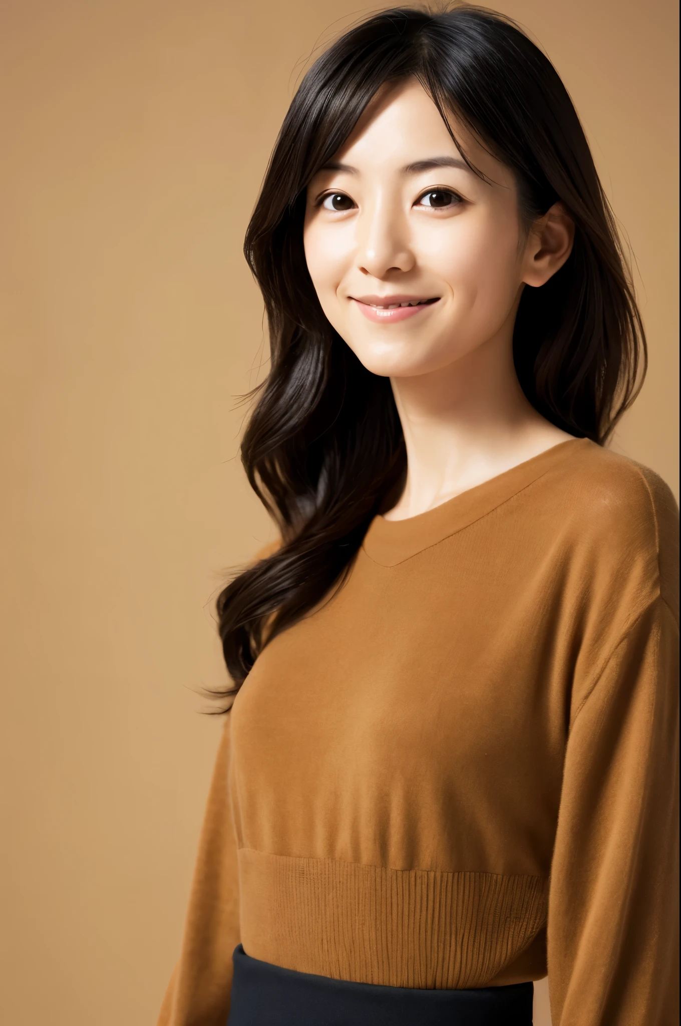 portrait, in 8K, high quality, Realistic photo images, 30 years old, Skinny Japanese lady, Neat and clean girls, , very thin waist, lovely wife, Reproduce natural and realistic eyes, Beautiful black hair, light make-up, beautiful lighting, Composition of the golden ratio, casual clothes, Sober clothes, Beige, Natural background, blurred background, Pure Japanese human features, Full-body photo, Slight smile