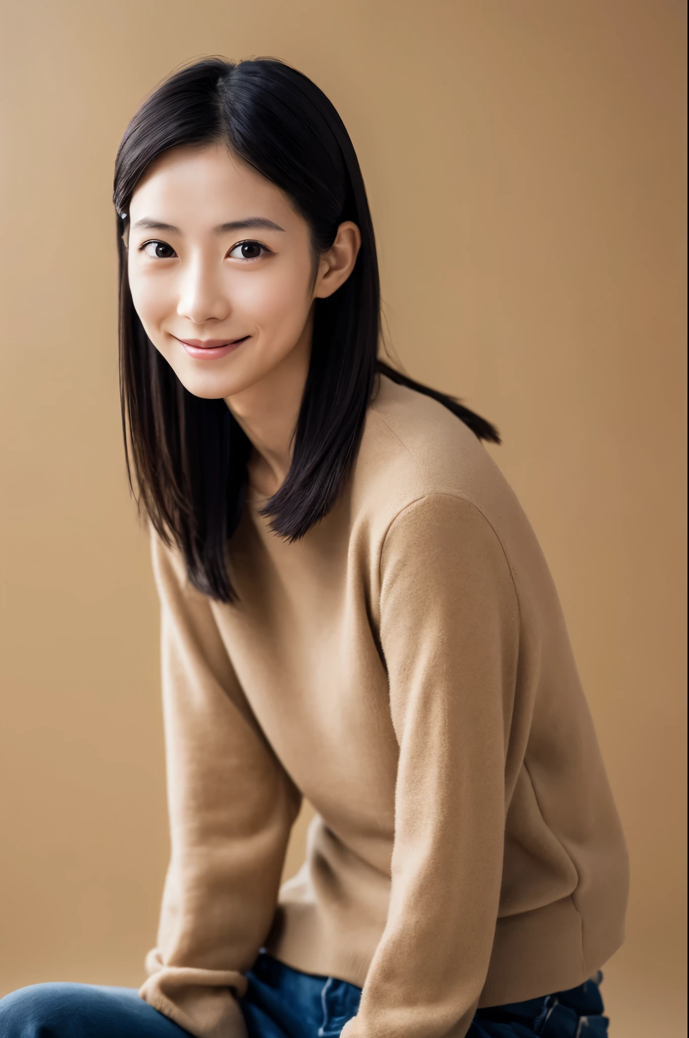 portrait, in 8K, high quality, Realistic photo images, 30 years old, Skinny Japanese lady, Neat and clean girls, , very thin waist, lovely wife, Reproduce natural and realistic eyes, Beautiful black hair, light make-up, beautiful lighting, Composition of the golden ratio, casual clothes, Sober clothes, Beige, Natural background, blurred background, Pure Japanese human features, Full-body photo, Slight smile