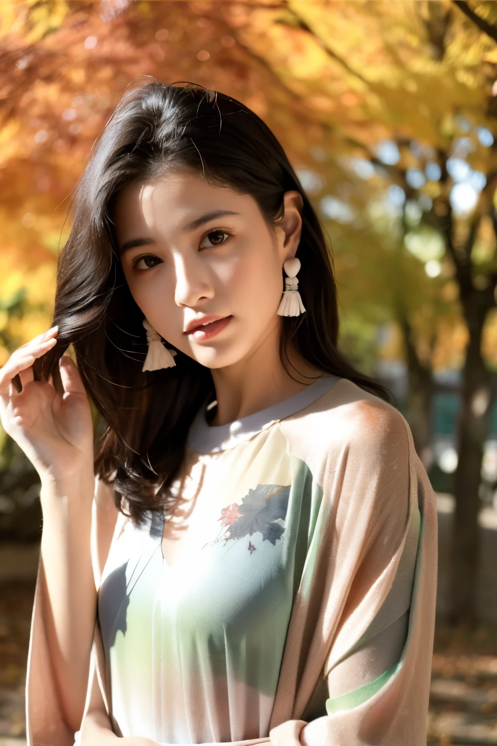 (realista:1.3), rebrandt lighting, (obra maestra:1.2), (photorealista:1.2), (Mejor calidad), (piel detallada:1.3), (Detalles intrincados), trazado de rayos,1 chica, chica japonesa, 21 years, piel detallada texture, (rubor:0.5), subsurface dispersion, sonriente, peinado recogido, Golpes, pelo entre los ojos, adornos para el cabello, kimono, estampado floral, usando edgJF_kimono, seiza (bright sunny day, autumn atmosphere, autumn trees and leaves, (era transparente:1.2)