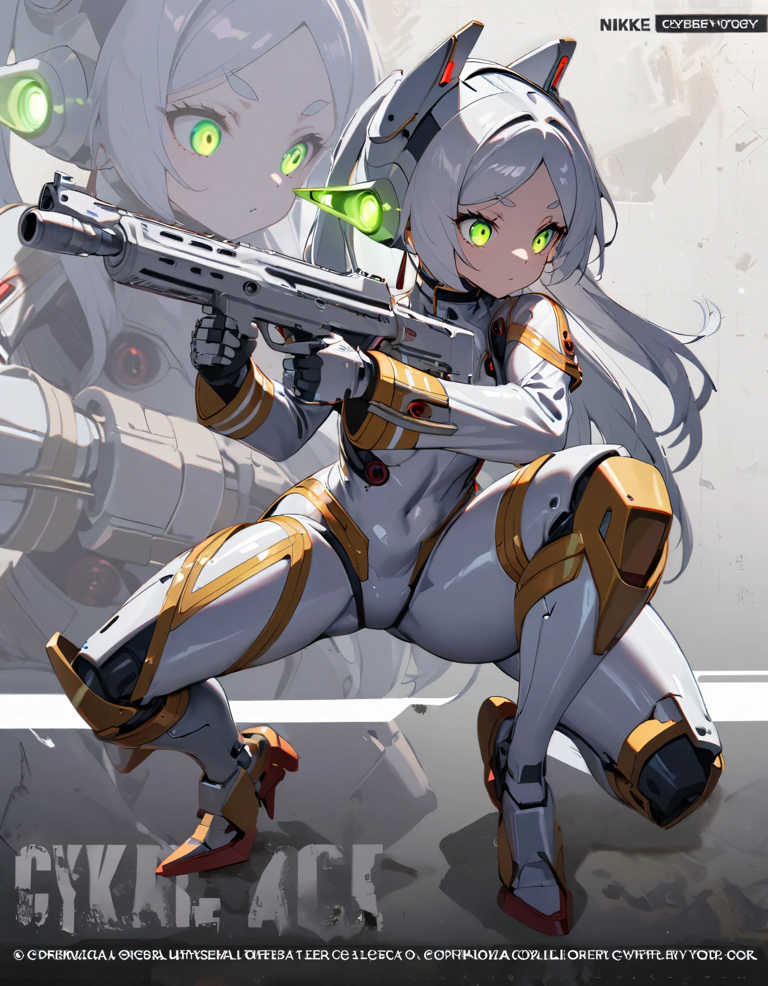 best quality, absurdres, 1girl, solo, IncrsNikkeProfile, full body, zoom layer, holding weapon, holding gun, one knee, Frieren, owoface,  ((green eyes, futuristic glowing eyes, well-aligned eyes)), extremely detailed face, ((mechanical bodysuit, cyber helmet)),  (full body, fight stance), perfect gun, detailed gun, holding gun, cyborg, joints, covered body, robot feet, (cinematic lighting), (simple gray background)