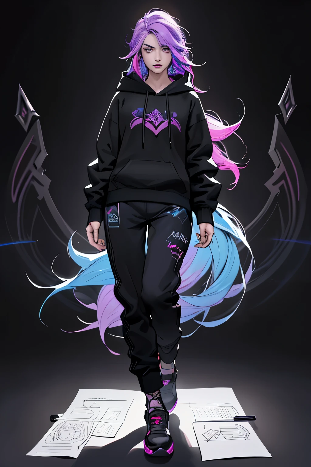 1 girl, kaisa league of legends, wavy hair, rainbow hair, purple hair, teenager, hyper realistic hands, detailed hyper realistic eyes, hoodie, pants, black clothing, light background, full body, long hair, teenager, tribal tattoo, colorful parts, sketchbook, hand drawn hand, symbols, dark , bold, realistic sketch, sketch, mixing dark lines and loose lines, bold lines, on paper, turn on character sheet, human woman, grey eyes, full body, imposing pose, lots of details, stylish outfit, symbols, runes , dark theme , black shirt, beautiful, pretty, modest
