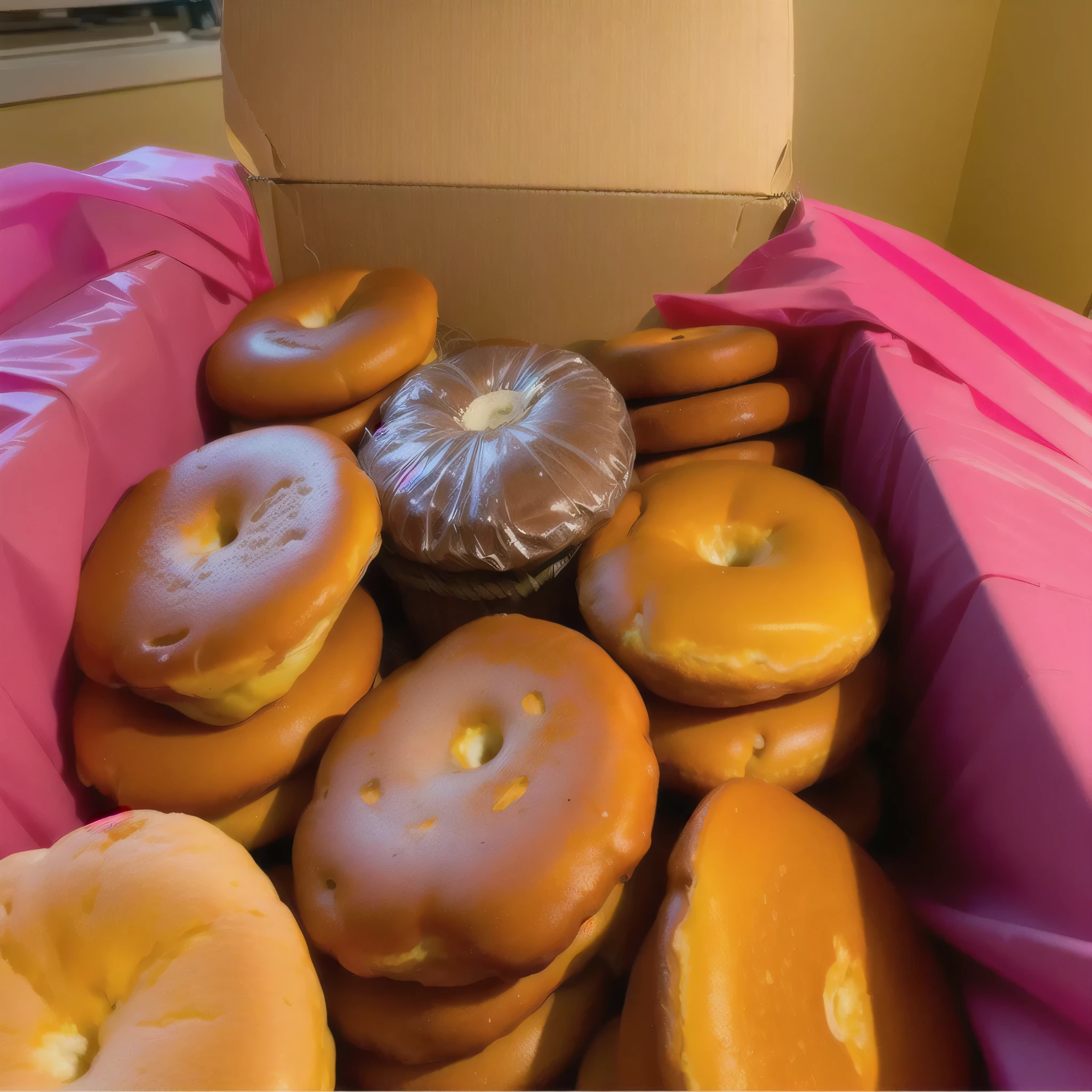 caja arafed de donuts con un envoltorio rosa y una bolsa de donuts, Bagels, ❤🔥🍄🌪, it's very enorme, imagen muy coherente, 8K)), enorme!!!, Brood Propagation, morning golden hour, Various sizes, with a bunch of stuff, Panes, detallado!!, Bosum muy grande, Bosum realmente grande. a large basket, full of xeca sweet bread from guatemala, during holy week,