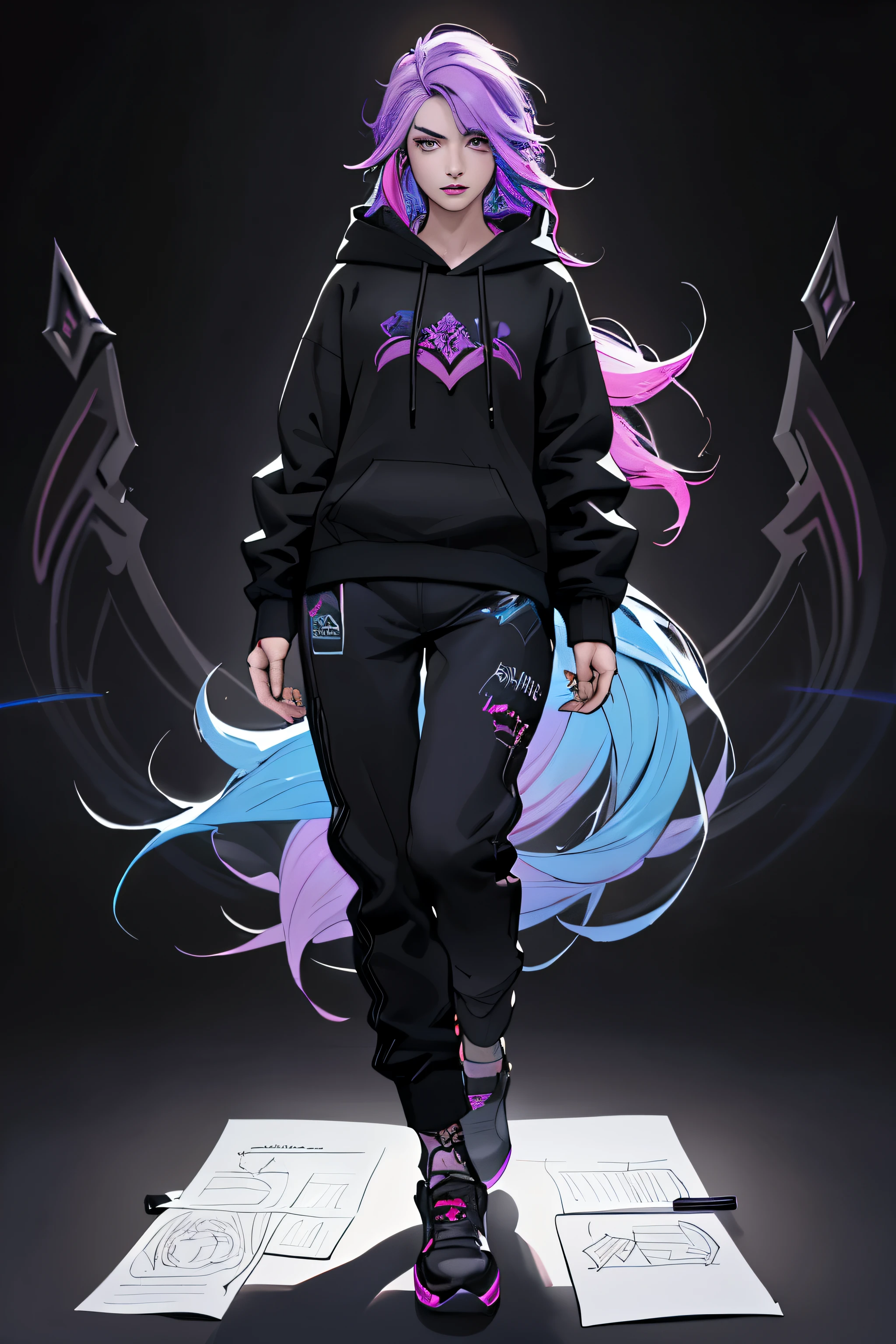 1 girl, kaisa league of legends, wavy hair, rainbow hair, purple hair, ager, hyper realistic hands, detailed hyper realistic eyes, hoodie, pants, black clothing, light background, full body, long hair, teen, tribal tattoo, colorful parts, sketchbook, hand drawn hand, symbols, dark , bold, realistic sketch, sketch, mixing dark lines and loose lines, bold lines, on paper, turn on character sheet, human woman, grey eyes, full body, imposing pose, lots of details, stylish outfit, symbols, runes , dark theme , black shirt, beautiful, pretty, modest