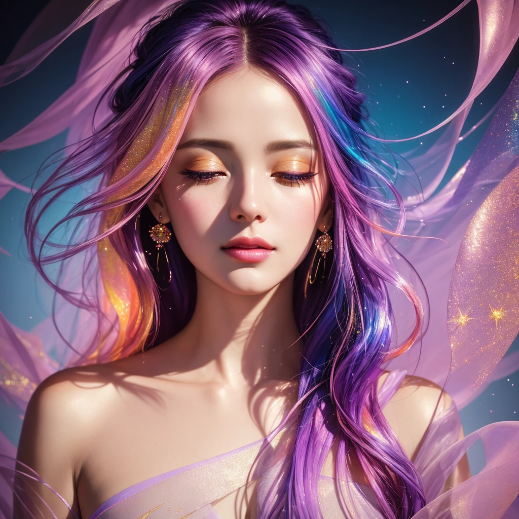 visceral masterpiece portrait, breathtaking painting depicting an emotional scene, fresh, lilac blue fuchsia orange gold airy translucent gradient colors, emotional realism meets surrealism meets dynamism meets minimalism, iridescent, phyllotaxis, soft, color layering, realistic colors, glitter, unique composition, organic shapes, elegant design, uplifting mood, subtle details, soft dappled lighting, artistically blurred edges, transparent, buoyant, fine art quality