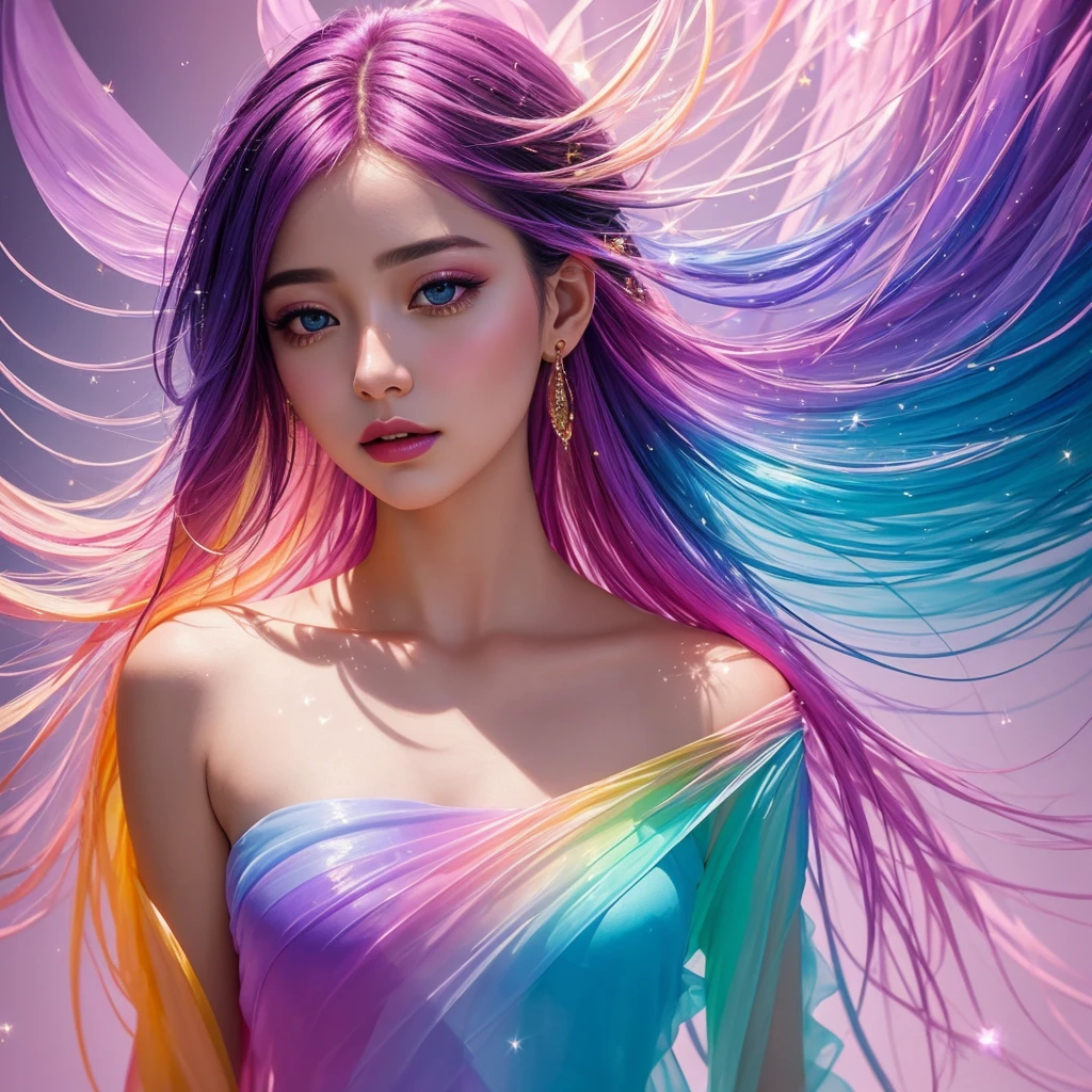 visceral masterpiece portrait, breathtaking painting depicting an emotional scene, fresh, lilac blue fuchsia orange gold airy translucent gradient colors, emotional realism meets surrealism meets dynamism meets minimalism, iridescent, phyllotaxis, soft, color layering, realistic colors, glitter, unique composition, organic shapes, elegant design, uplifting mood, subtle details, soft dappled lighting, artistically blurred edges, transparent, buoyant, fine art quality