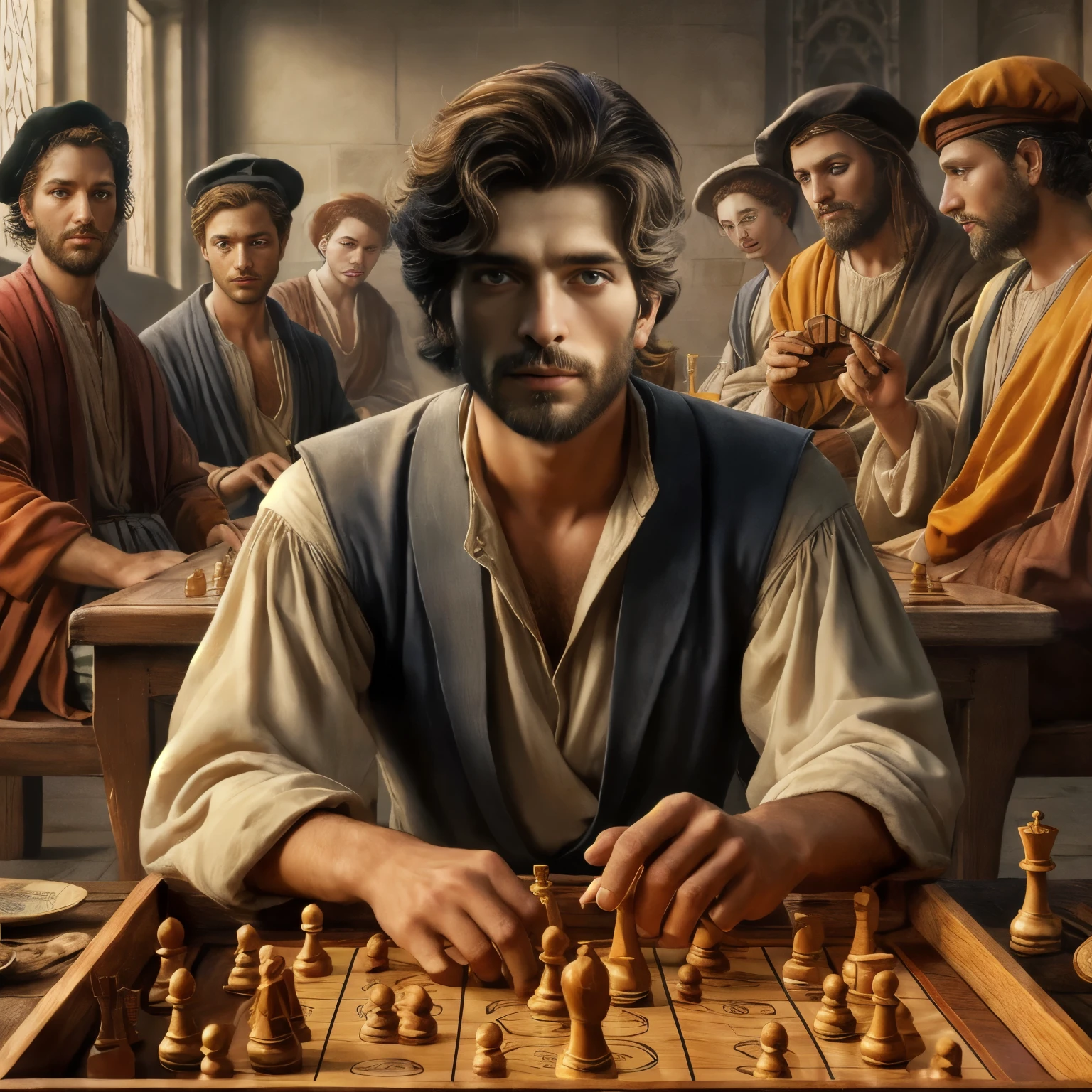 arafed image of a man playing chess with other men, board game cover art, chess game, caravaggio and artgerm, strategy game, !!playing chess!!, playing chess, chess, renaissance digital painting, chessboard scientist, chess tournament, medieval fantasy game art, game illustration, in da vinci style, graphic artist magali villeneuve