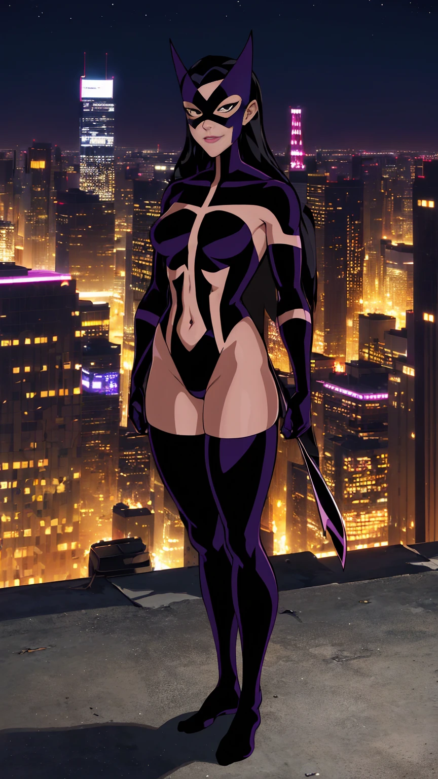 ((full body photo, standing, feet on the ground)) ((masterpiece,best quality)), absurdres,
Huntress_JLU, upper body, detailed mask, smug,
night sky and city lights in background, cinematic composition,