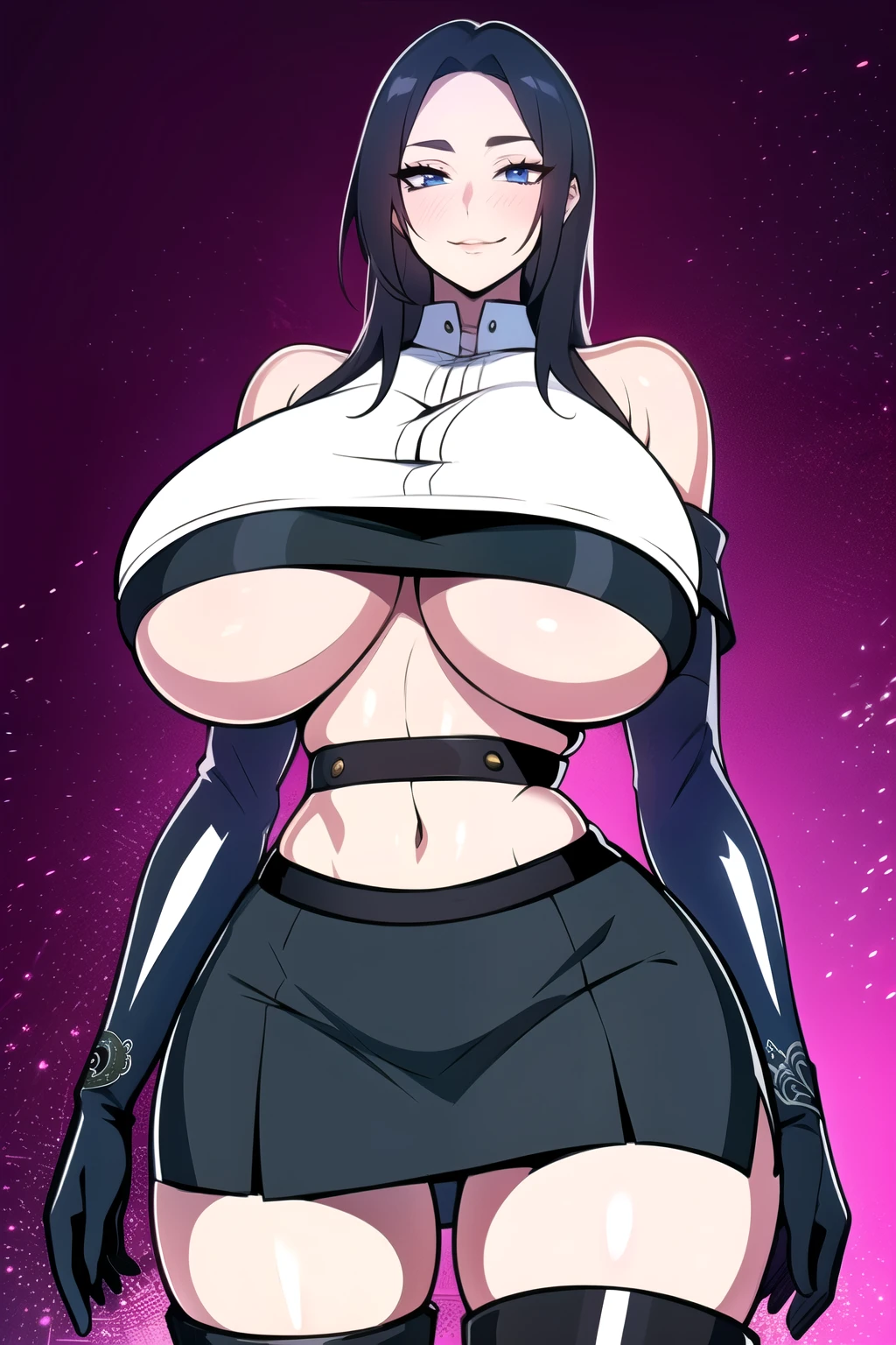 ultra realistic 8k cg, masterpiece, ((ultra detailed background,  intricate detail, highly detailed, fine details best quality, hyperdetailed face)), gigantic breasts ,beautiful lighting, absurdres, BoaHancockV2,  1girl, solo, black hair, long hair, jewelry, closed mouth, ), ((black crop top : 1.1), (underboob : 1.4), elbow gloves, thigh boots, split skirt, bare shoulders, curvy, midriff, curvy, thighs, shiny clothes), blue eyes, complex detailed background, inside, luxury palace), ((cowboy shot)), curvy, (gigantic breasts: 1.1), seductive smile, cowboy shot,